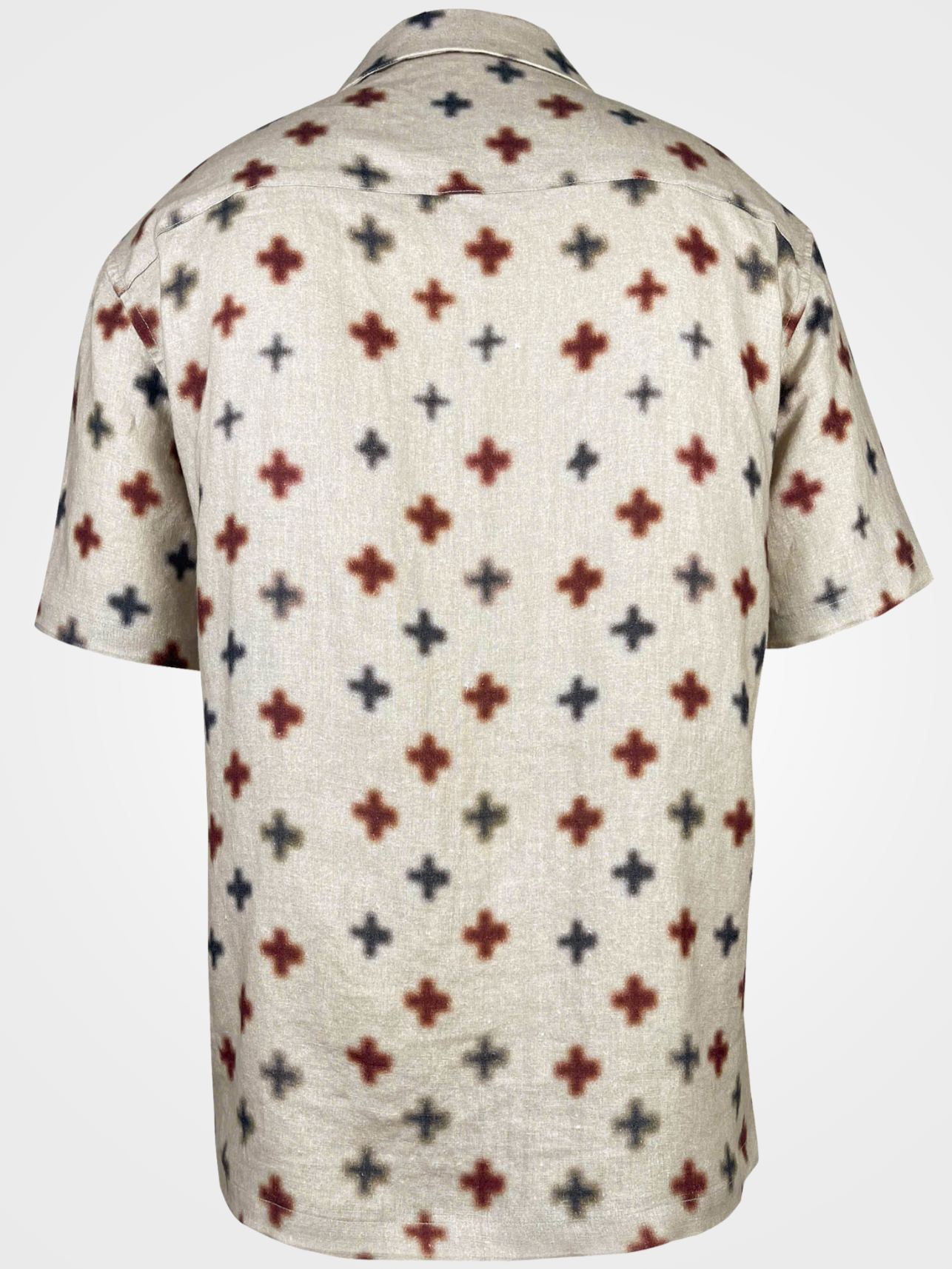 Beige Hawaiian style shirt with black and rust coloured cross pattern print
