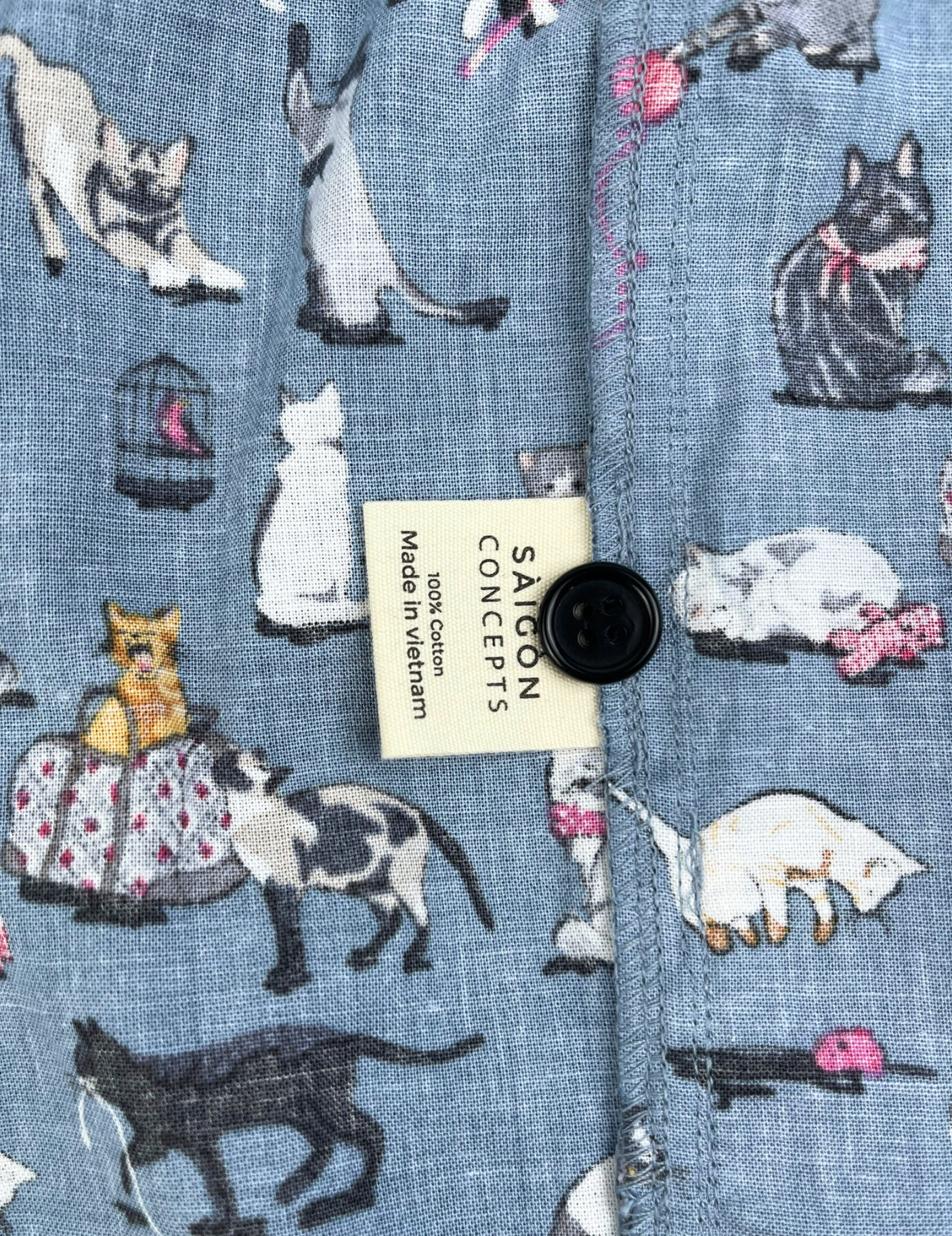 Saigon Concepts Meow Meow cat print lounge shorts in blue-grey cotton with elastic waistband - care label