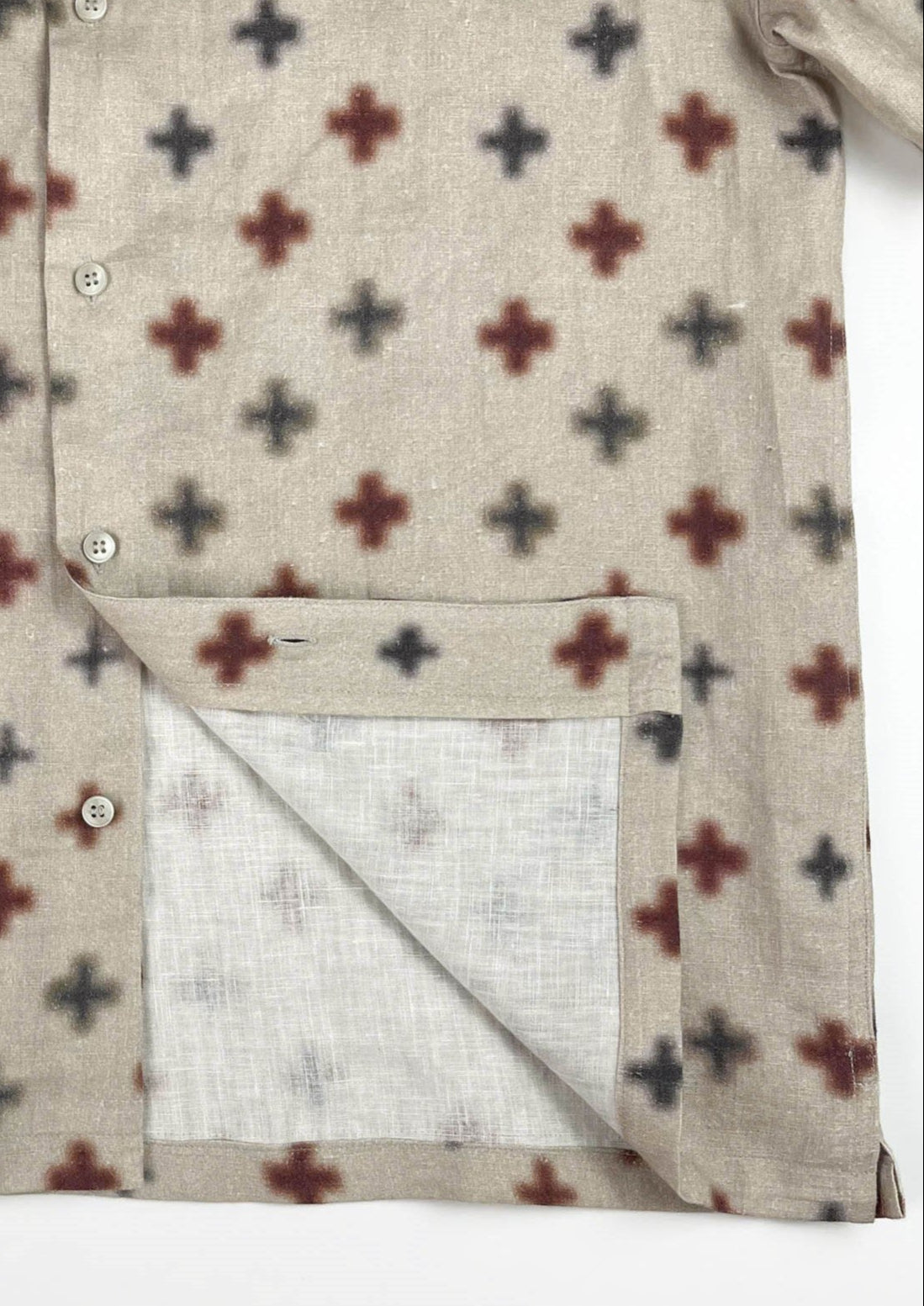 Beige Hawaiian style shirt with black and rust coloured cross pattern print