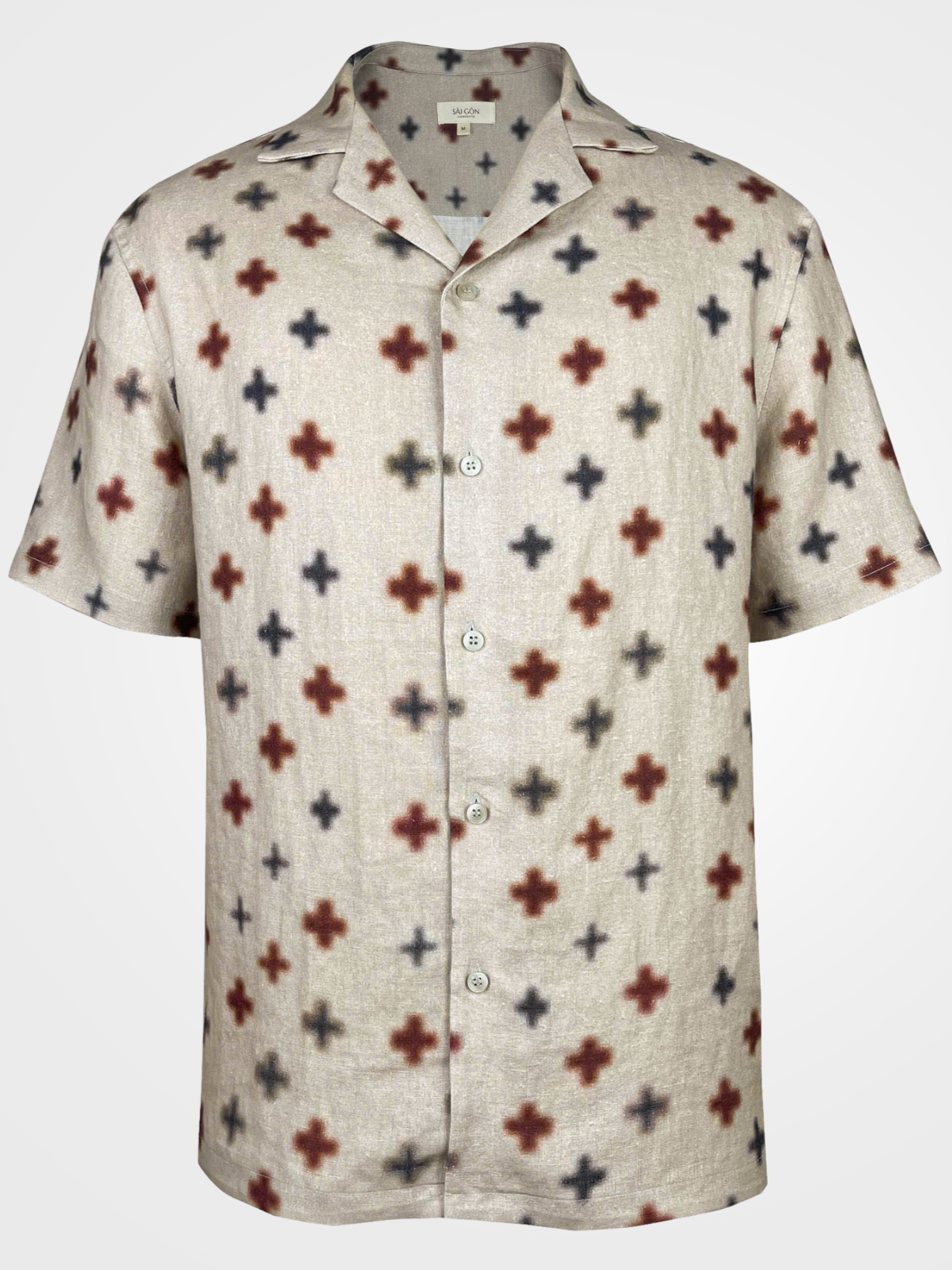 Beige Hawaiian style shirt with black and rust coloured cross pattern print