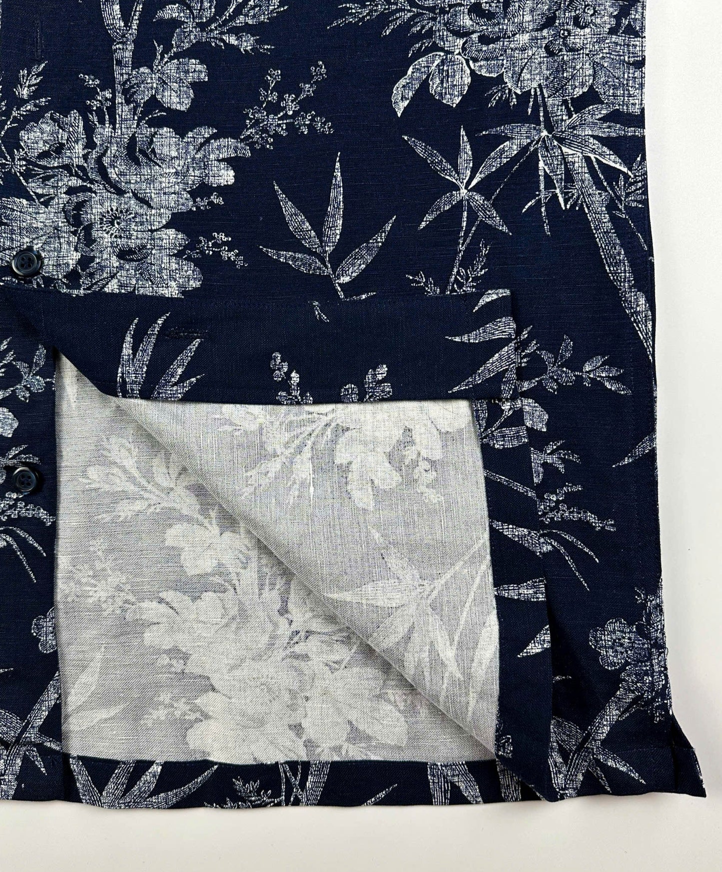 seam detail - Navy linen Hawaiian shirt with white bamboo and blossom print