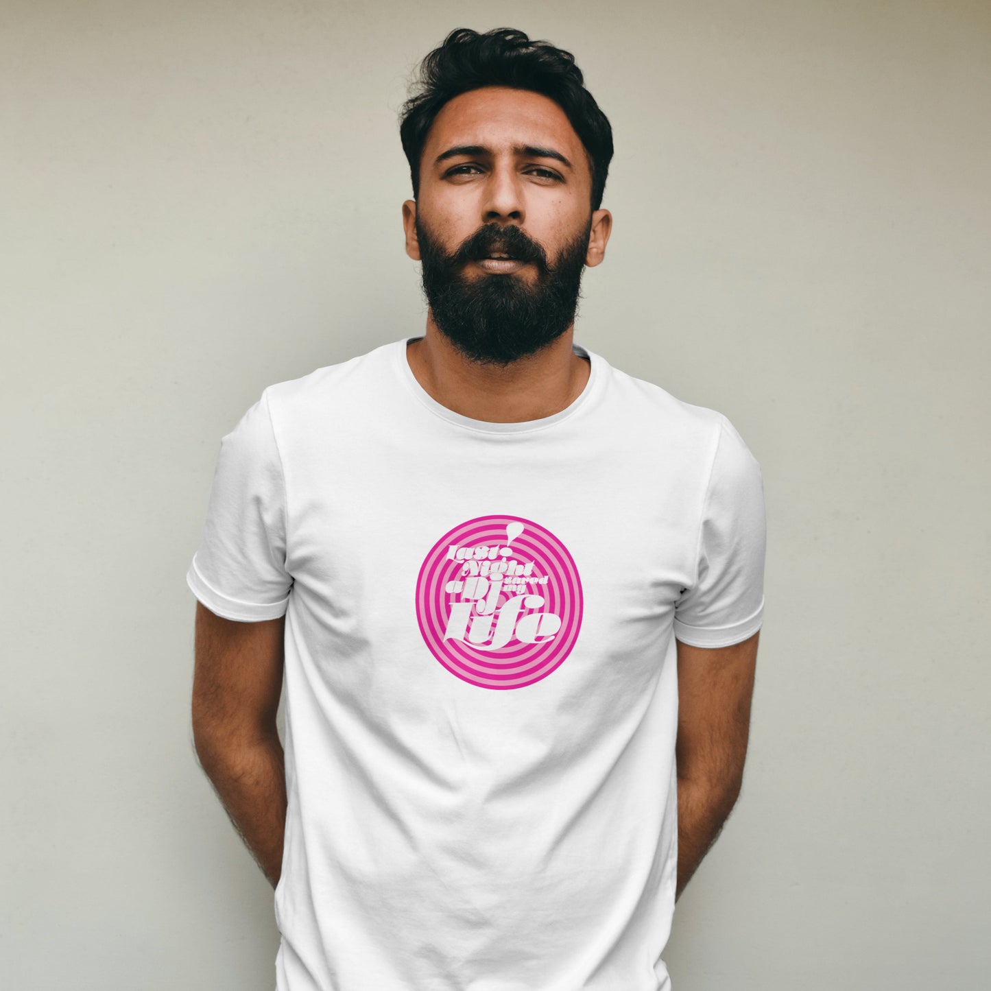 Man wearing a white t-shirt with DJ Saved My Life Print against a plain background