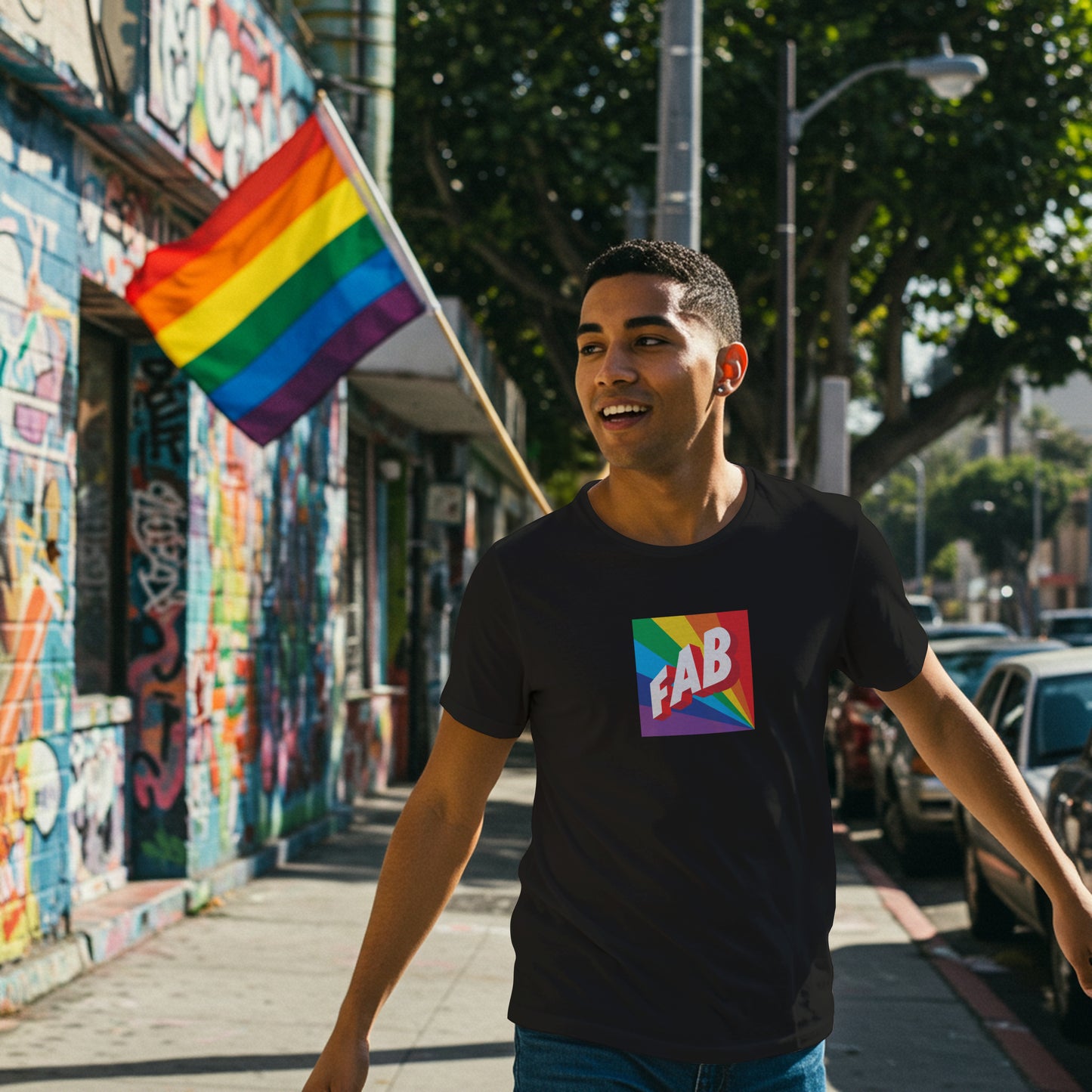 Man walking down a street wearing a black t-shirt with a rainbow 'FAB' logo and rainbow flag in the background