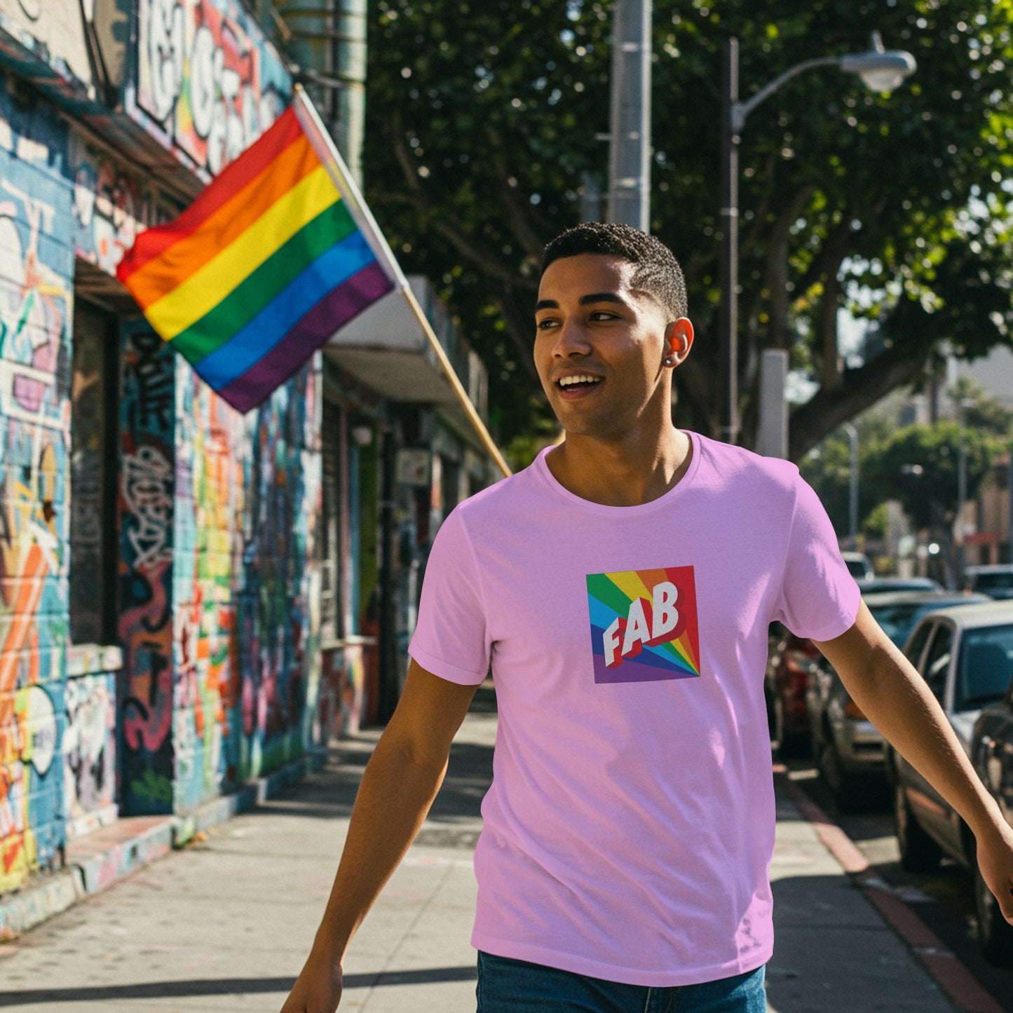 Man walking down a street wearing a pink t-shirt with a rainbow 'FAB' logo and rainbow flag in the background