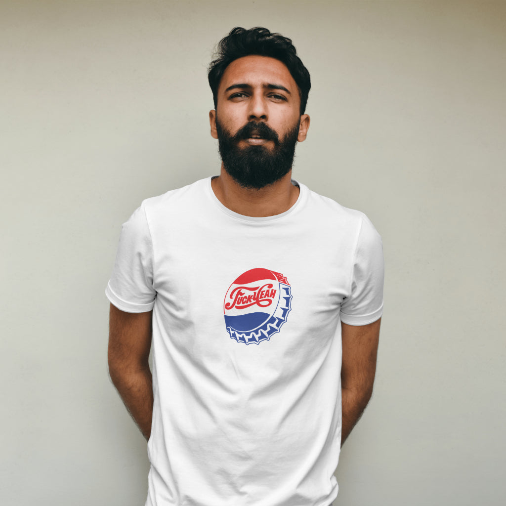Man wearing a White t-shirt with a F#*k yeah on cola bottle top print