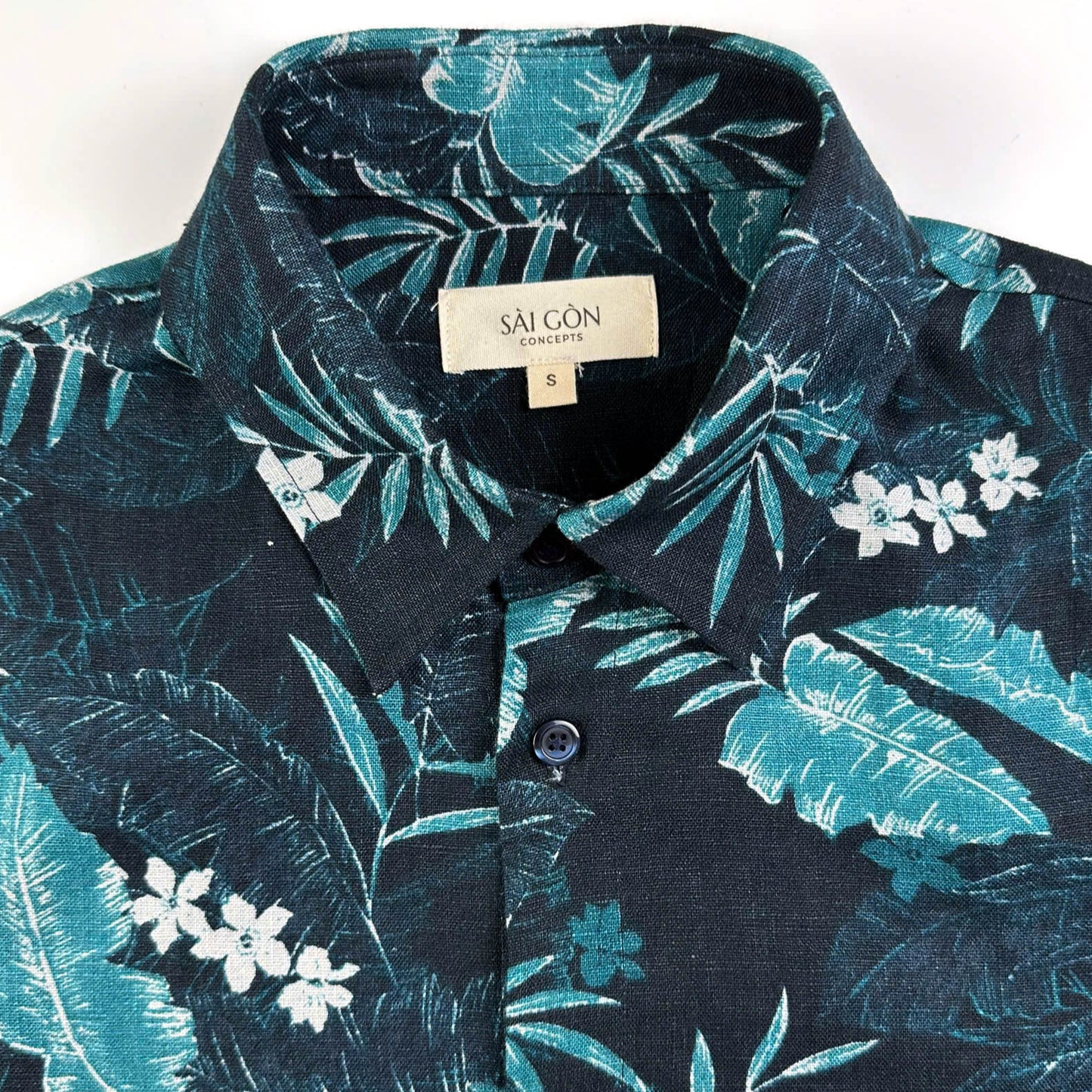 Mystic Garden - Short Sleeve 100% Linen Shirt | Navy Jade Fern Print | Resort Wear