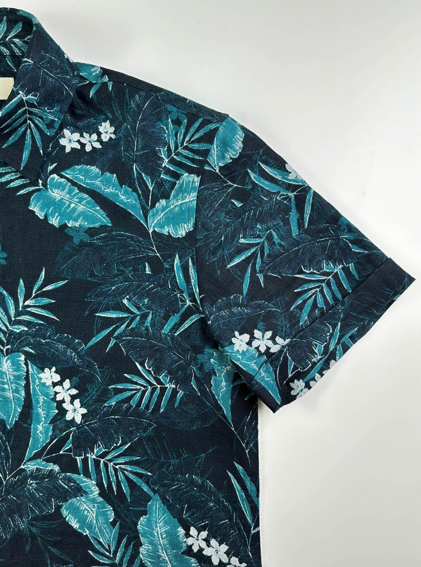 Mystic Garden - Short Sleeve 100% Linen Shirt | Navy Jade Fern Print | Resort Wear
