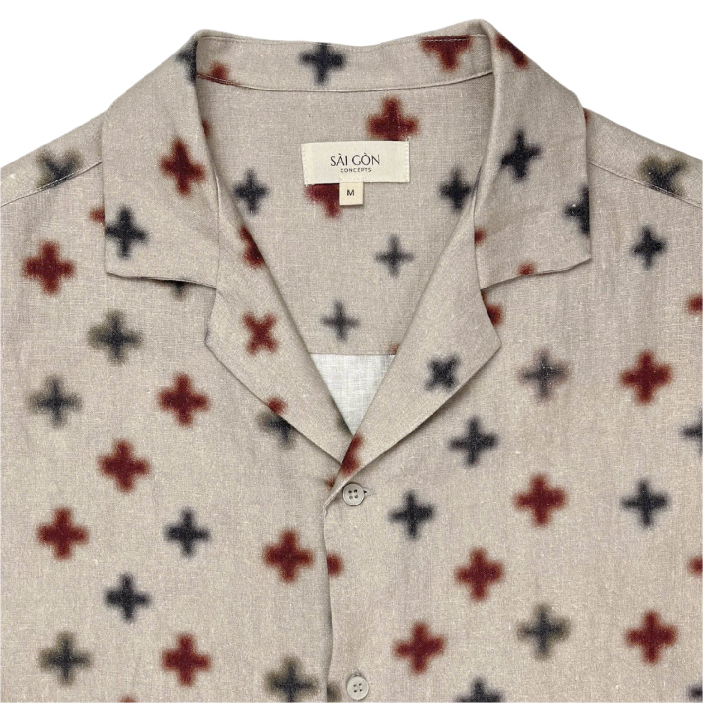 Beige Hawaiian style shirt with black and rust coloured cross pattern print