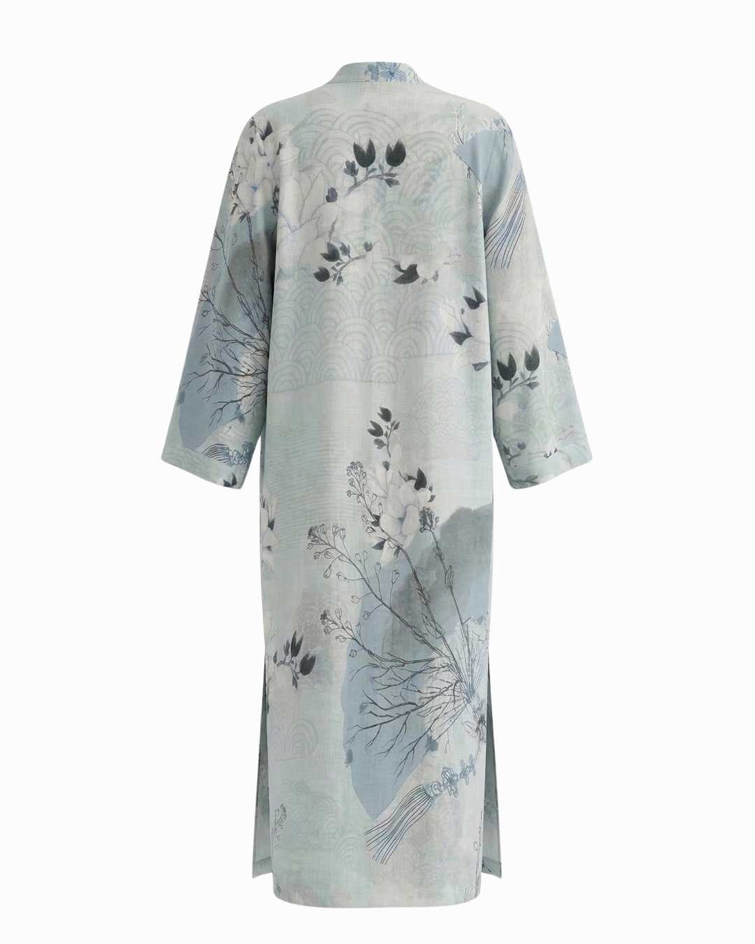 Saigon Concepts Light blue organza linen kimono with delicate floral patterns on a white-light blue background - back view
