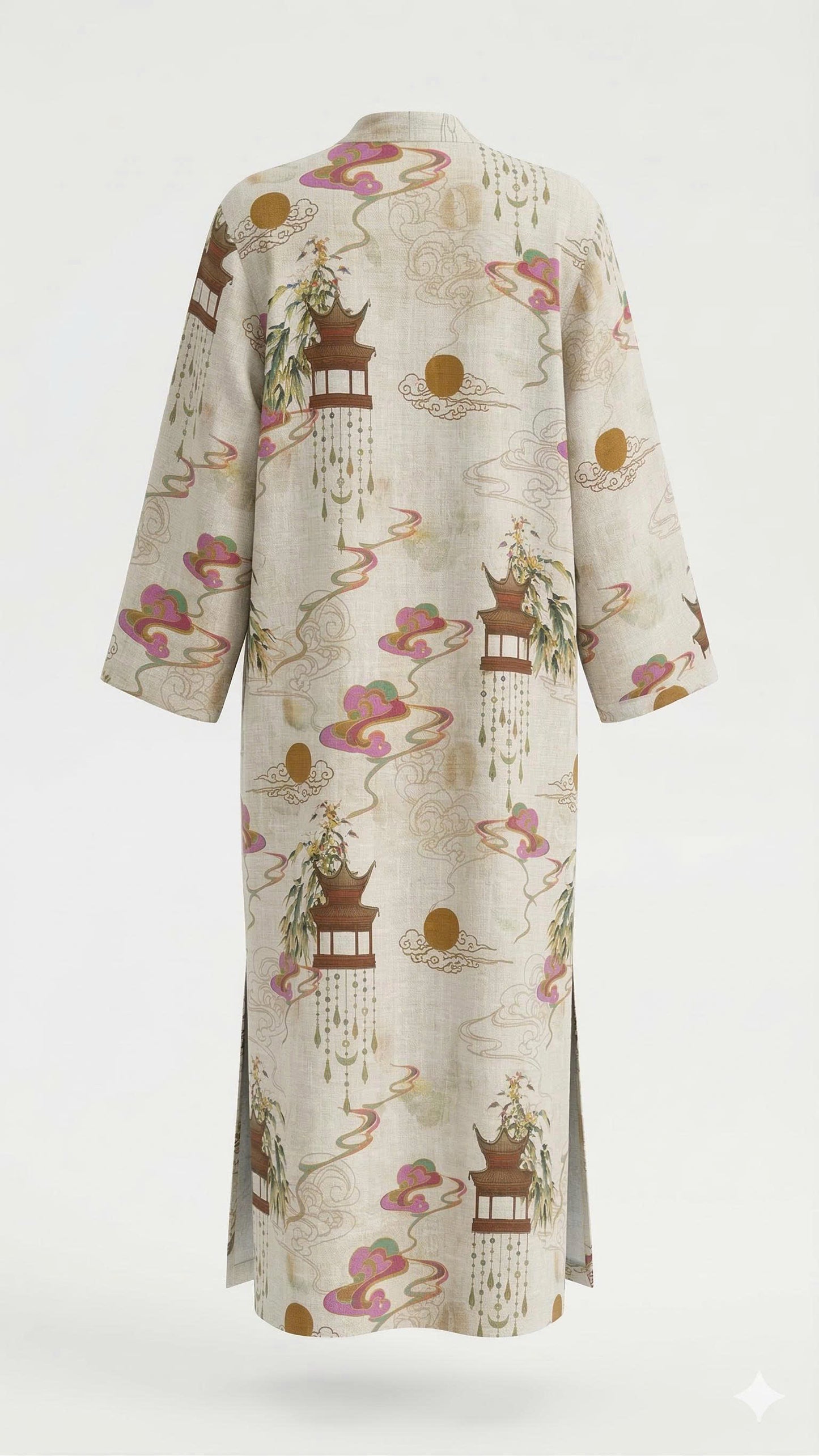 Saigon Concepts kimono-style robe with brown pagodas and pink Asia inspired swirls printed on a cream linen organza fabric - 3D mannequin backview