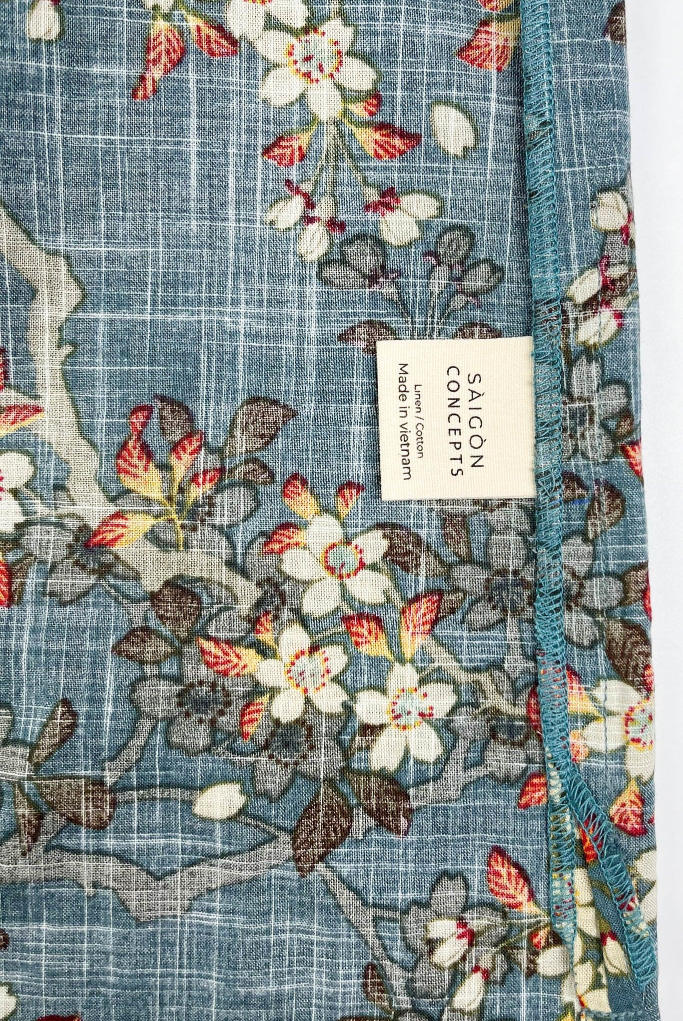 Teal Blue Blossom Long Sleeve Pyjama-Style Top - Linen-Cotton Super Soft