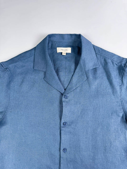Saigon Concepts Blue Steel Linen Hawaiian Shirt - front neck view