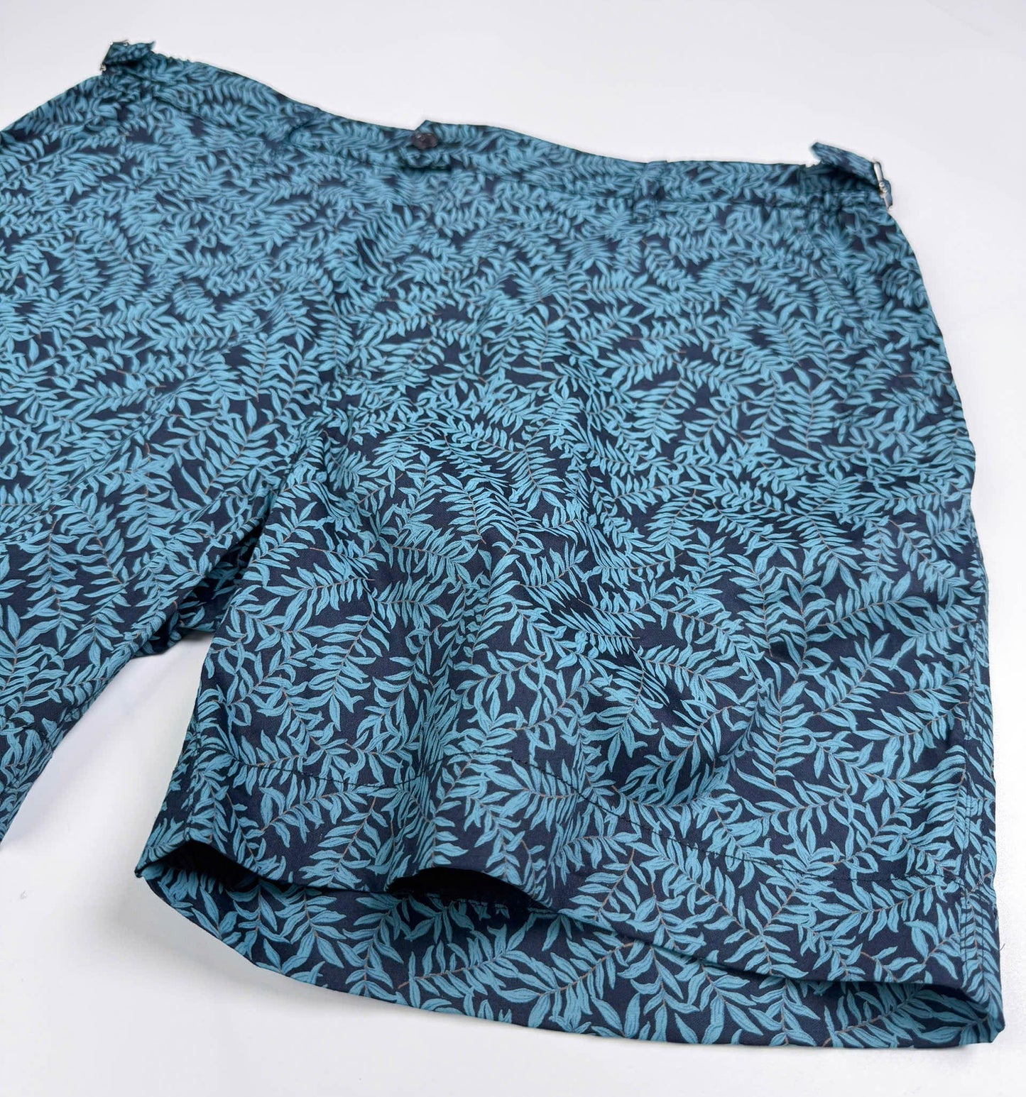 Saigon Concepts Mossy Leaf Teal Blue Cotton Cabana Shorts - front leg seam detail