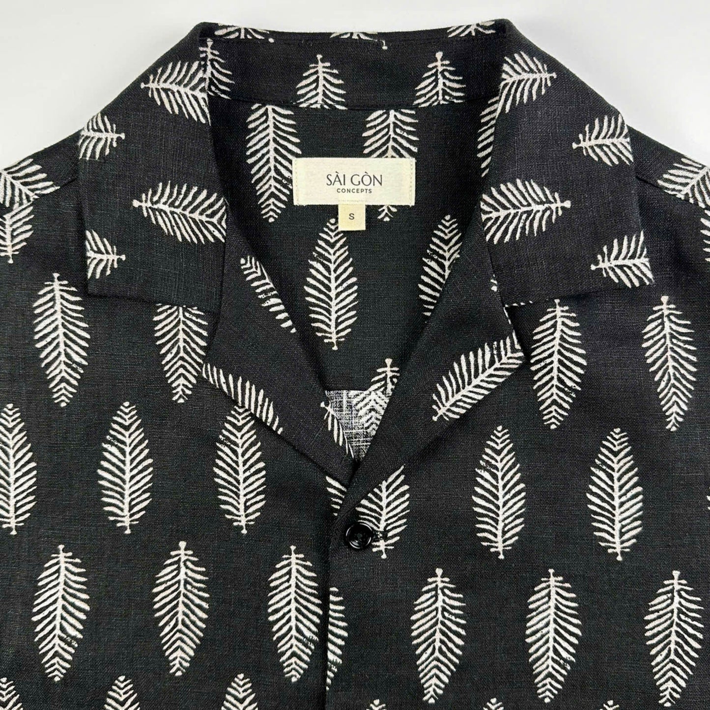 Black linen Hawaiian shirt with silver white print