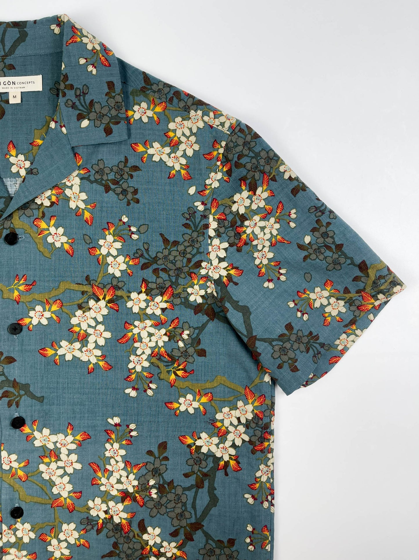 Teal Blue Blossom - Hawaii style linen-cotton shirt