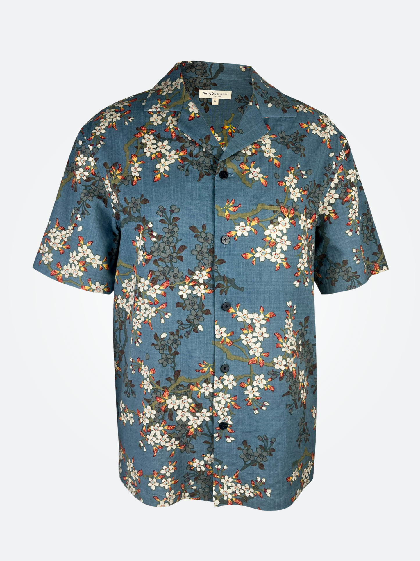 Teal Blue Blossom - Hawaii style linen-cotton shirt