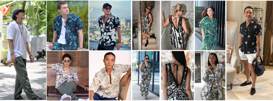 mosiac of photos of Saigon Concepts resort wear products for men and women, from Hawaiian shirts, shorts, t-shirts, mini and maxi-dresses 