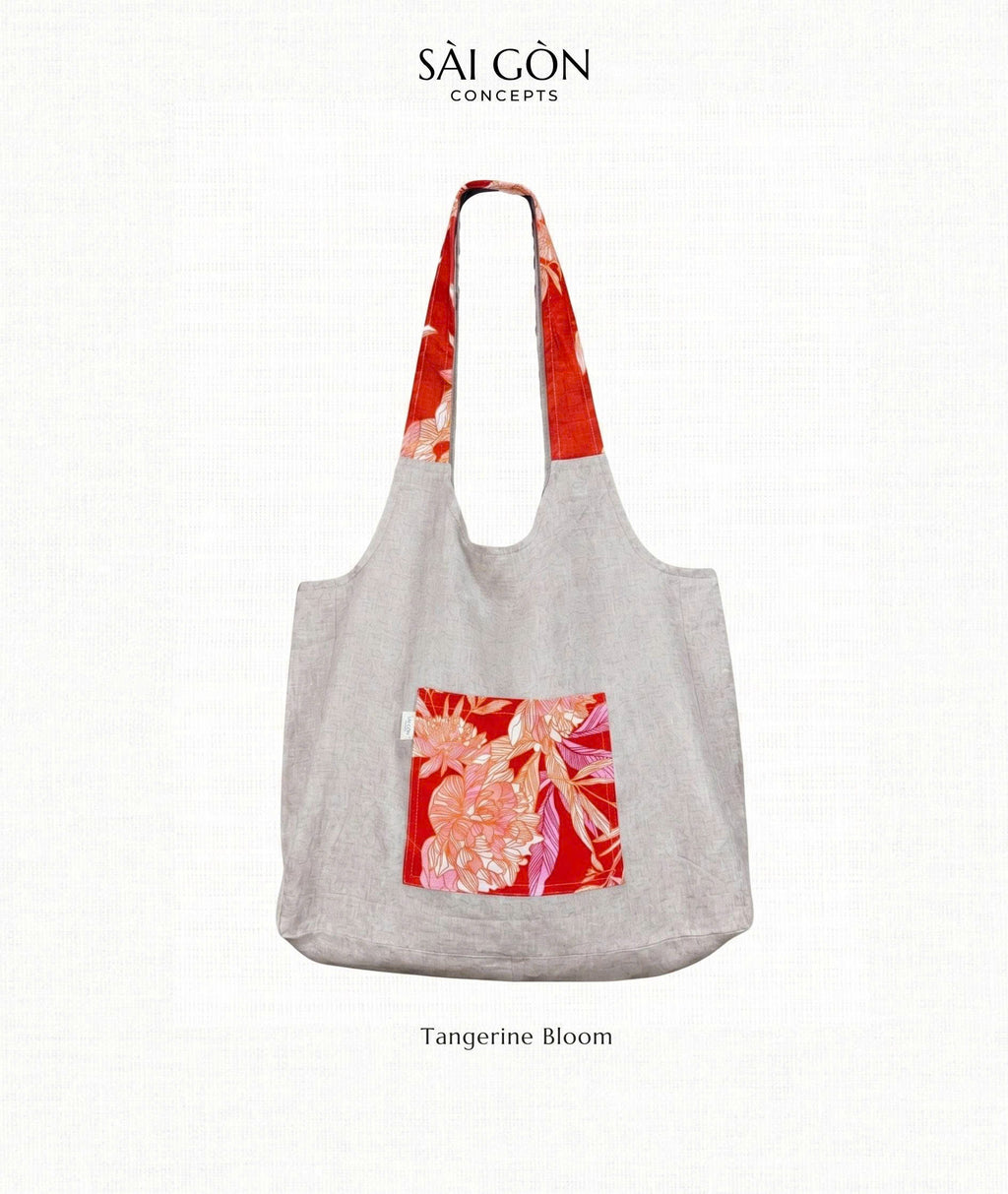 Tangerine Bloom - Natural Linen Beach Tote Bag