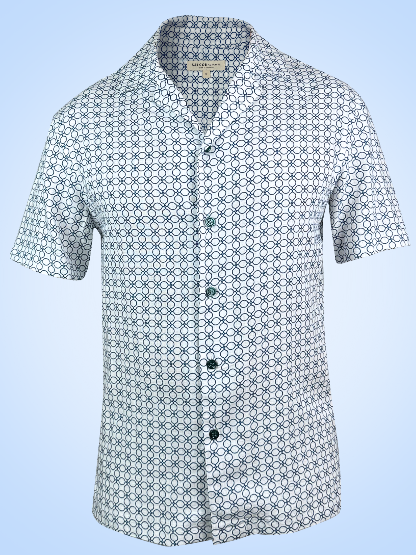 Blue-white Saigon mosaic print Hawaii-style shirt