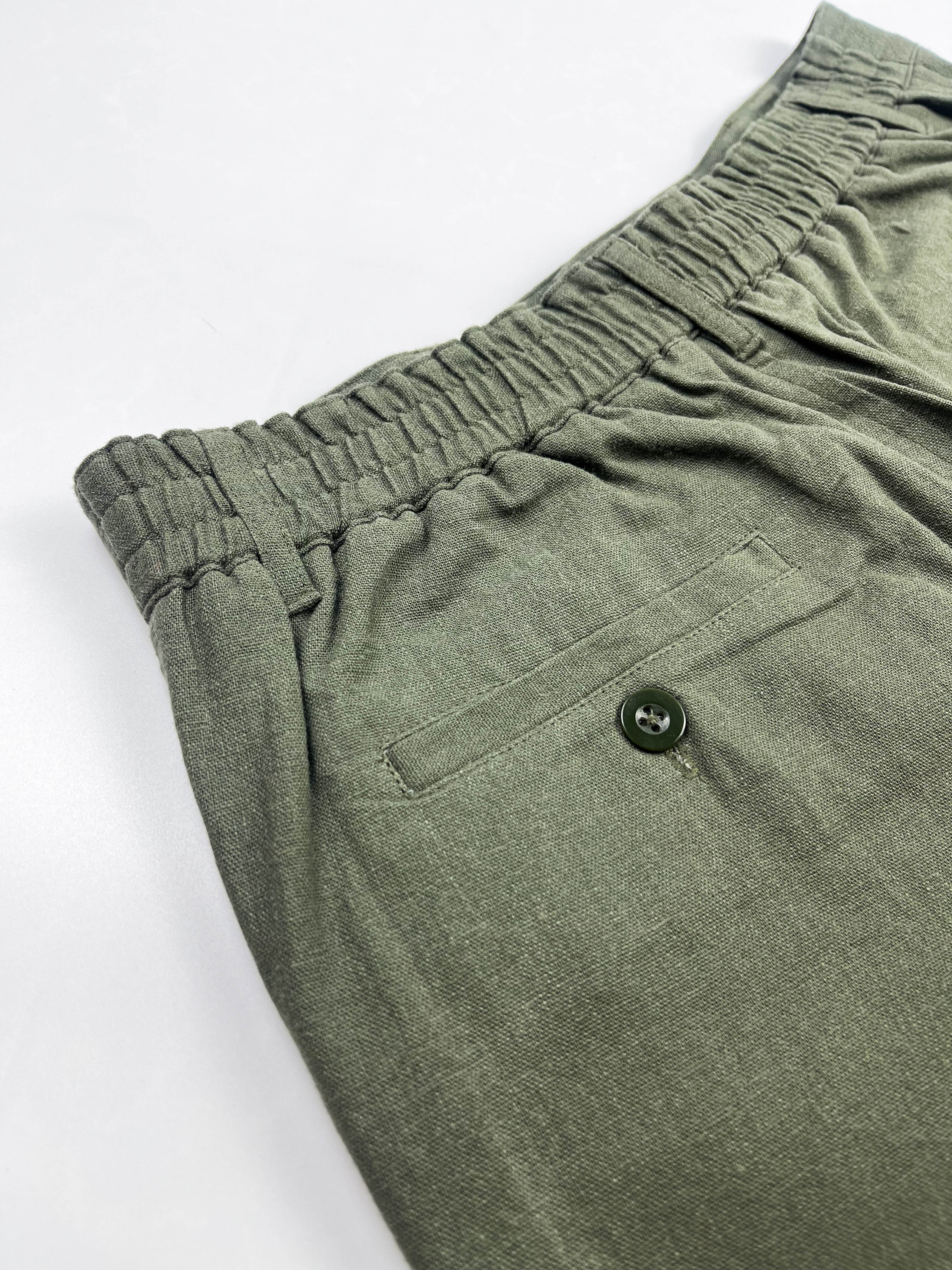 Elasticated back and pocket detail of Army Green linen Riviera Shorts – Saigon Concepts