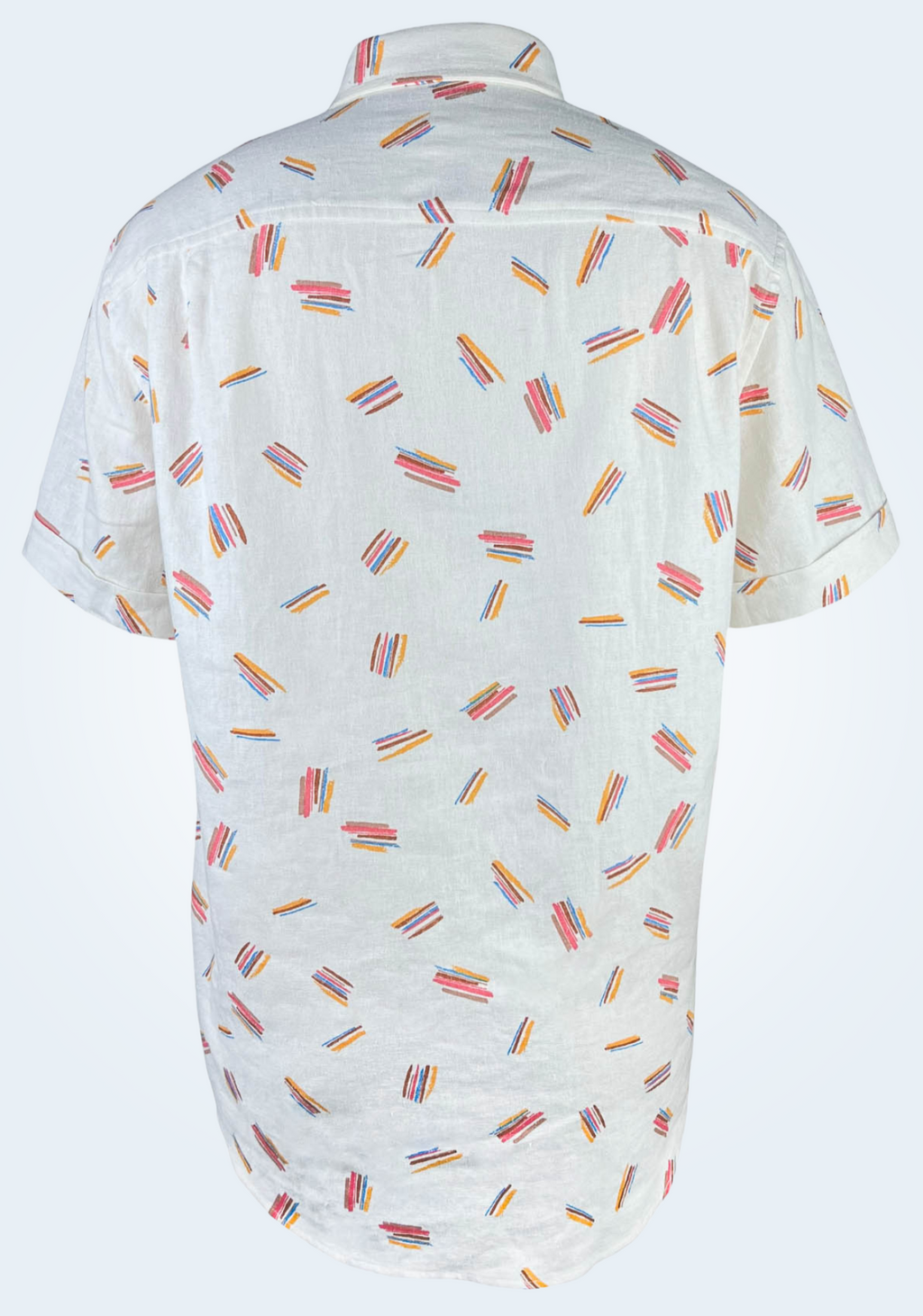 Crayon Strokes on natural white linen fabric, short sleeve button-up shirt 3D full back view