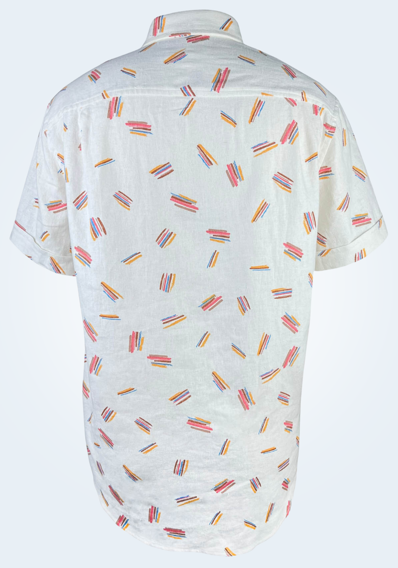 Crayon Strokes on natural white linen fabric, short sleeve button-up shirt 3D full back view