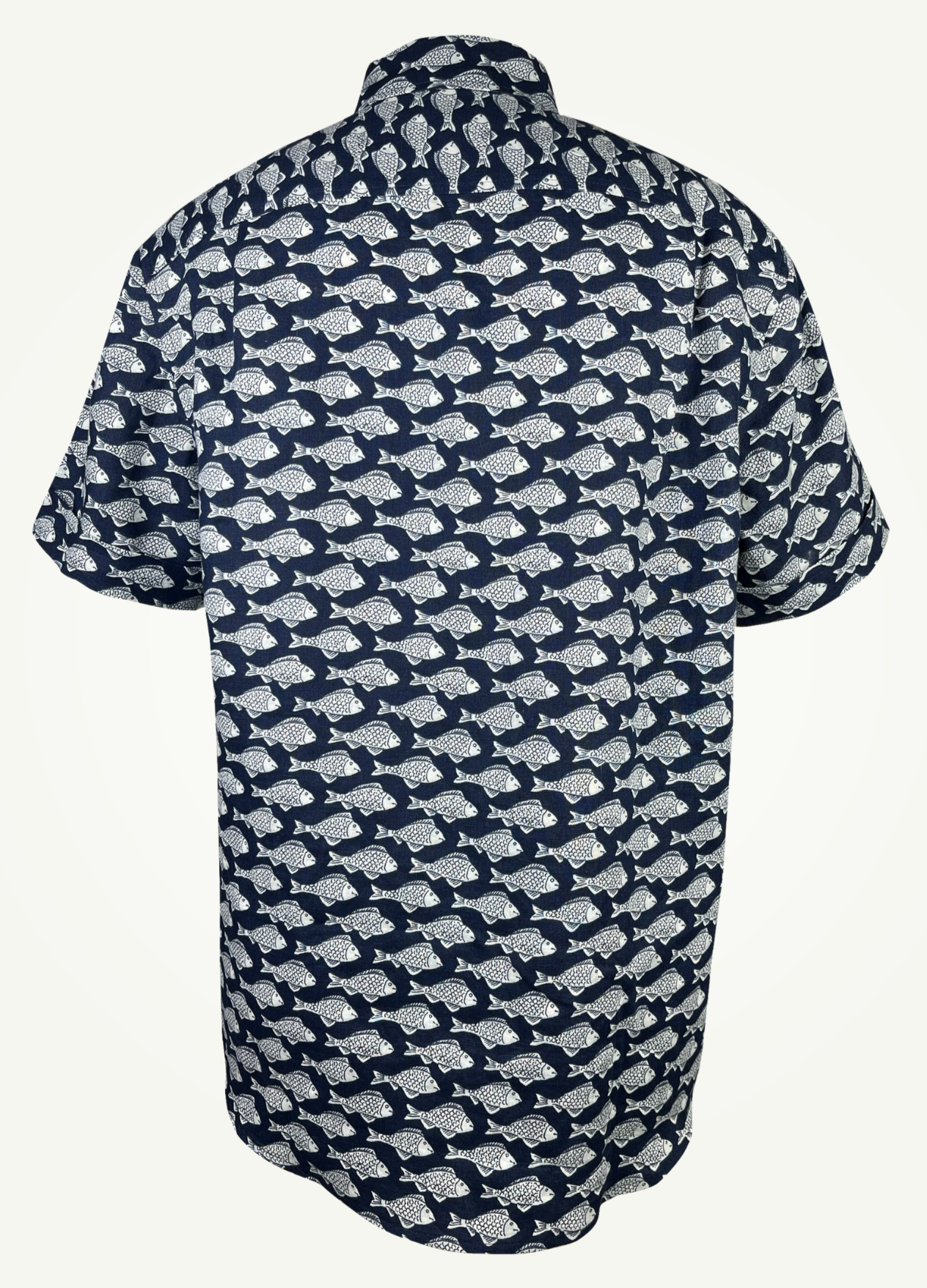 Darkwave Shoal linen short sleeve button-up shirt 3D back view, white fish shoal print on navy