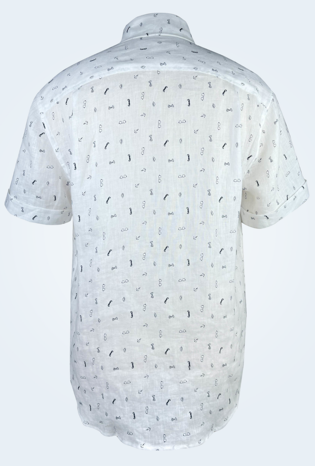 Gentlemen Club linen short sleeve button-up shirt lay flat back view, minimalist print