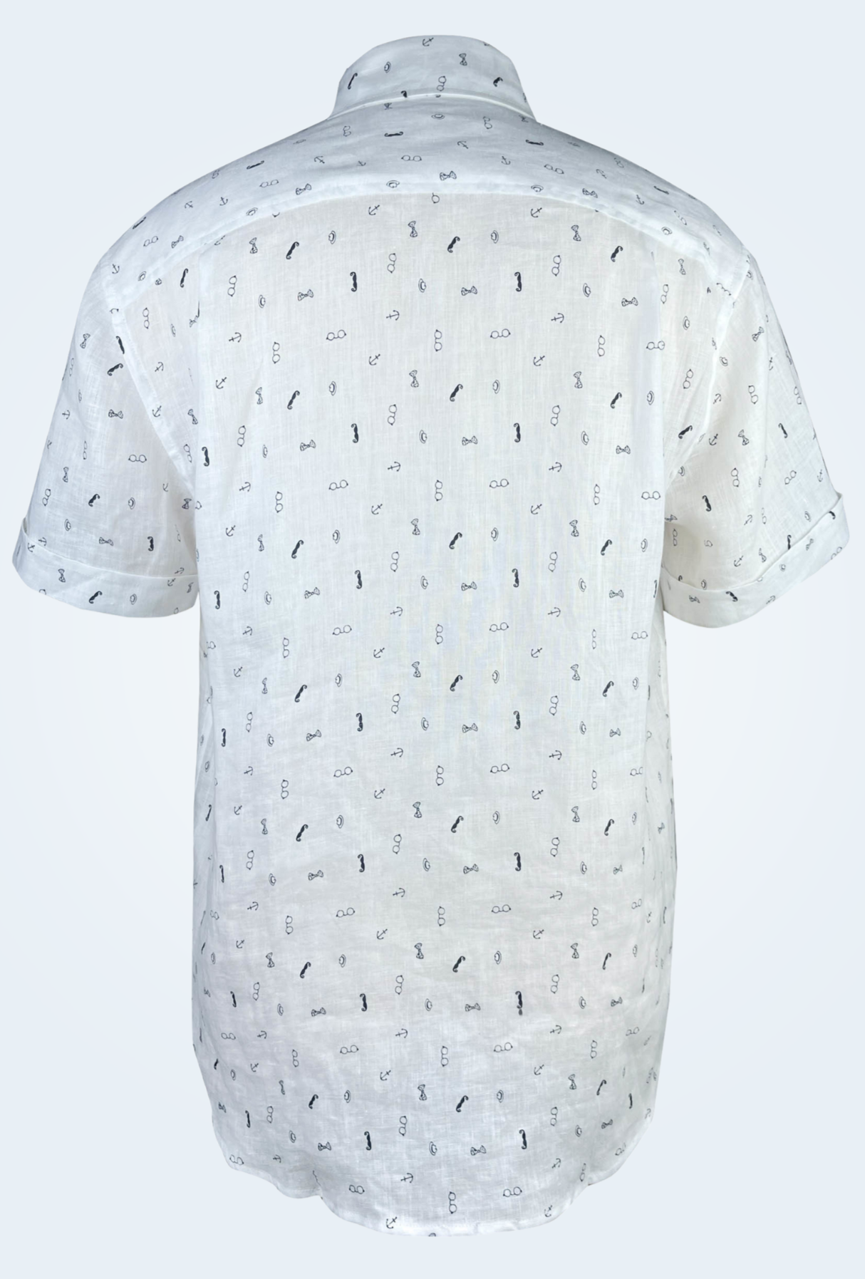 Gentlemen Club linen short sleeve button-up shirt lay flat back view, minimalist print