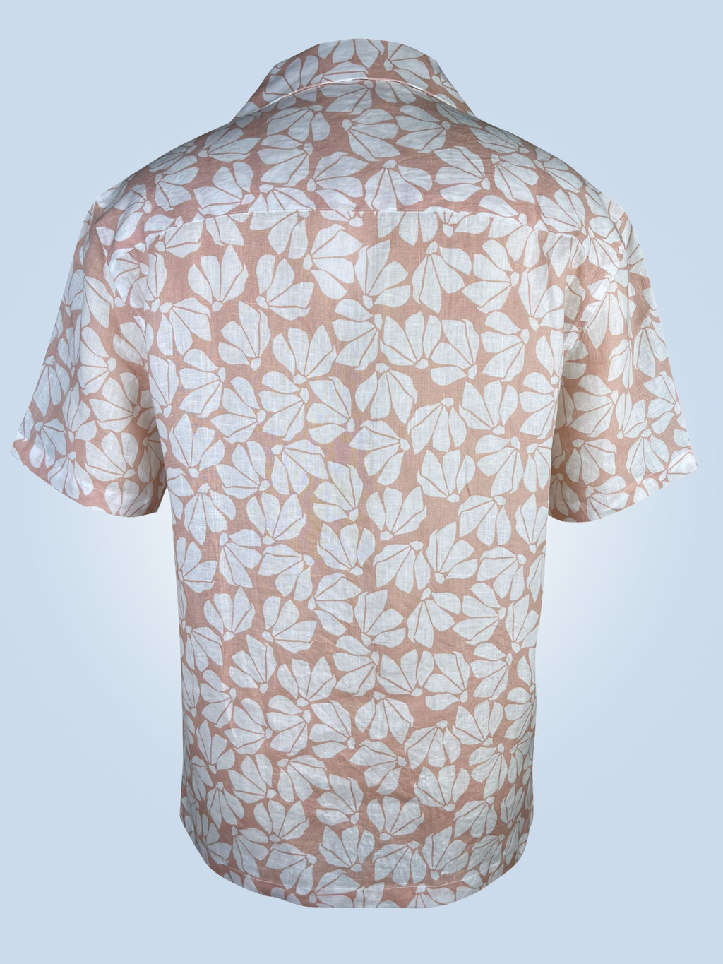 Full back view of white floral print on pink linen fabric, breathable natural fibre Hawaii shirt 
