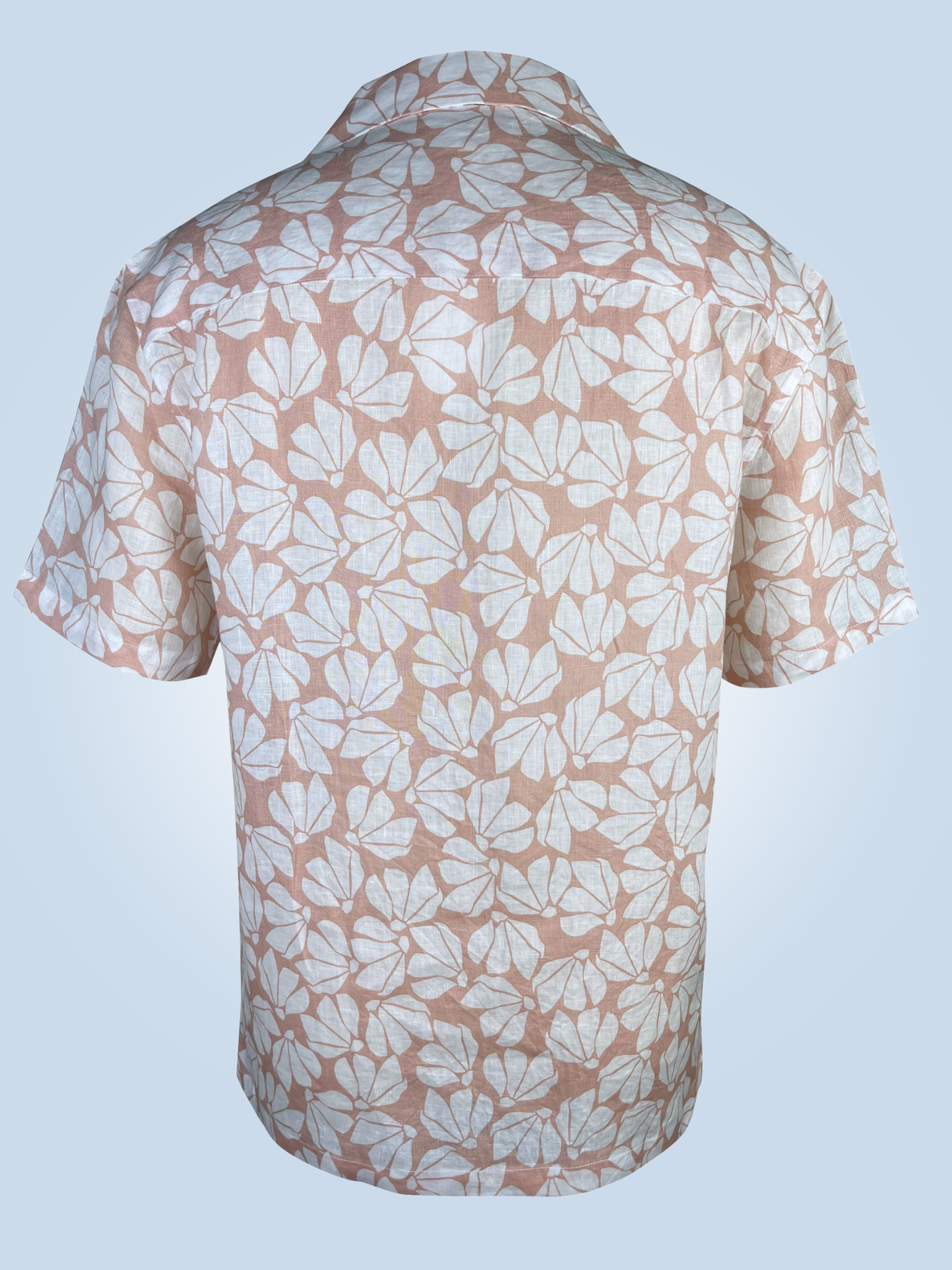 Full back view of white floral print on pink linen fabric, breathable natural fibre Hawaii shirt 