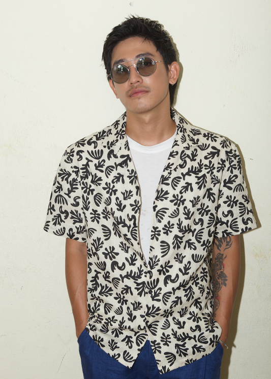 Black Coral print Hawaii style linen shirt