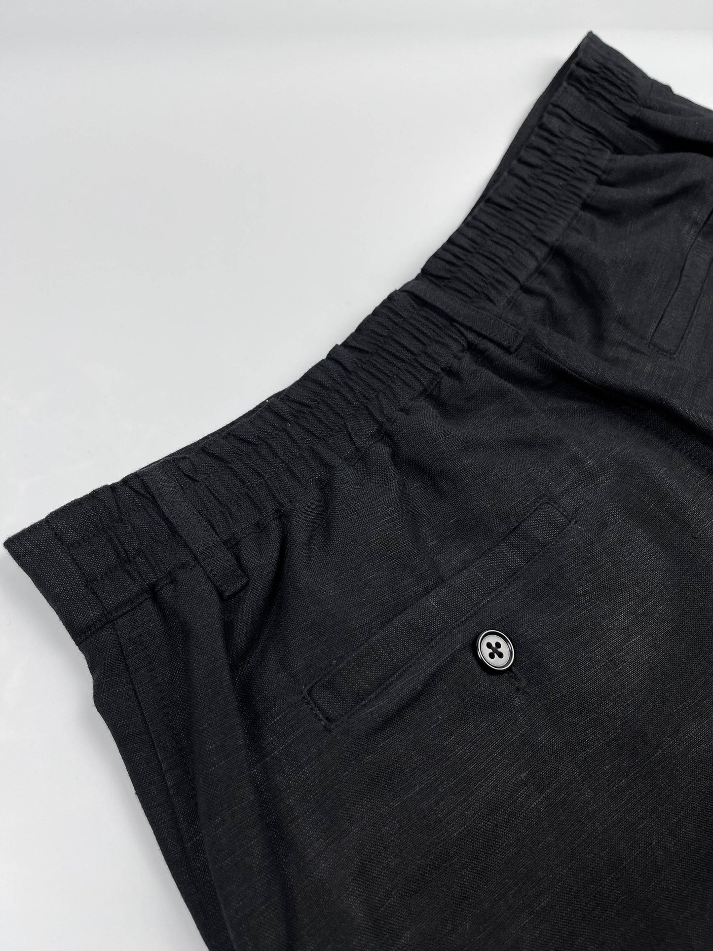 Elasticated back detail of black linen-cotton Riviera Shorts, back pockets with button closure – Saigon Concepts