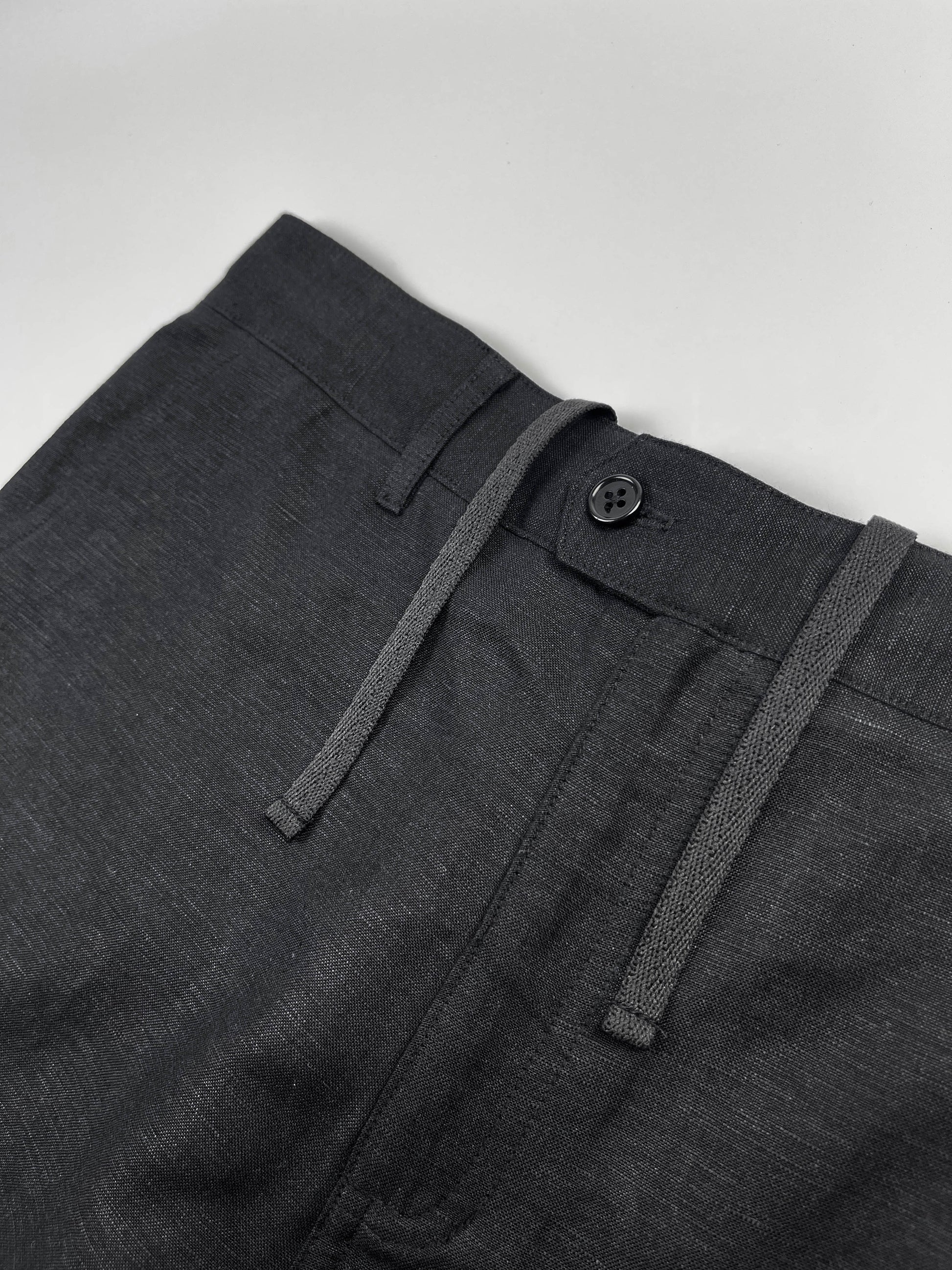 Black Linen-Cotton Riviera Shorts - flat front detail with button closure and inner drawstring detail - Saigon Concepts