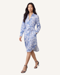 Capri Blue printed belted midi dress with V-neck and long sleeves on female model, full front view.