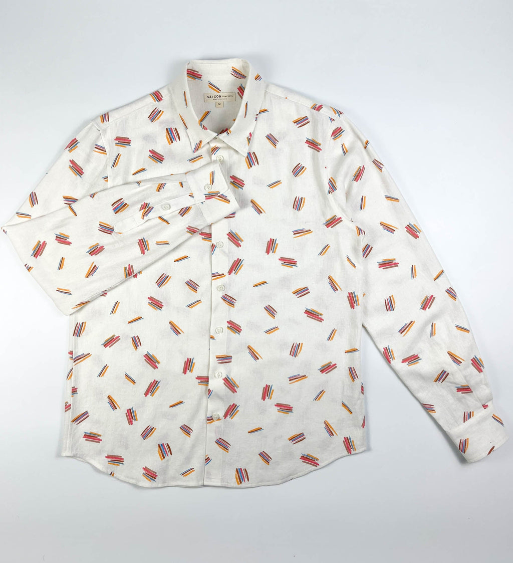 Crayon Strokes linen long sleeve button-up shirt with colourful crayon stroke print on natural white fabric - lay flat full front view