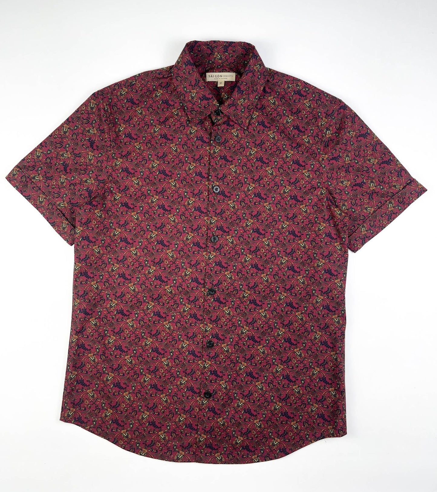 Crimson Vines cotton short sleeve button-up shirt lay flat full front view, crimson with detailed vine floral print