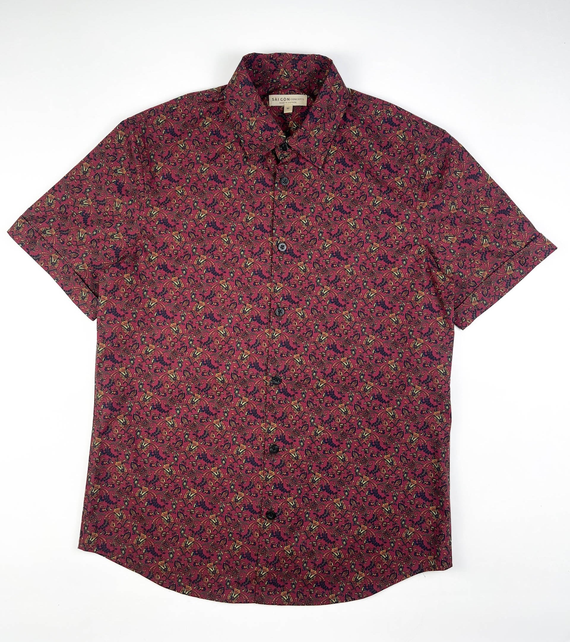 Crimson Vines cotton short sleeve button-up shirt lay flat full front view, crimson with detailed vine floral print