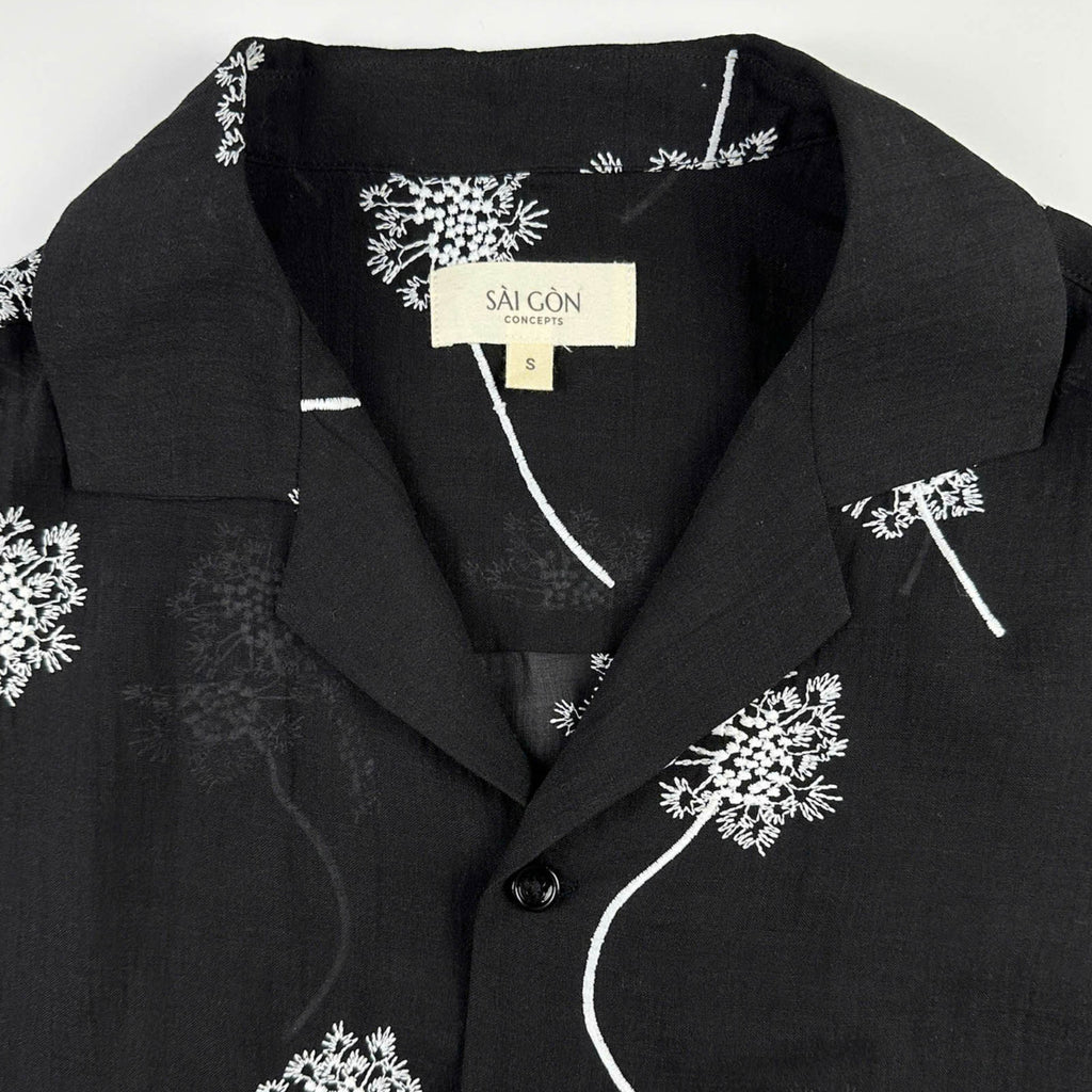 Black linen shirt with white embroidered dandelions 