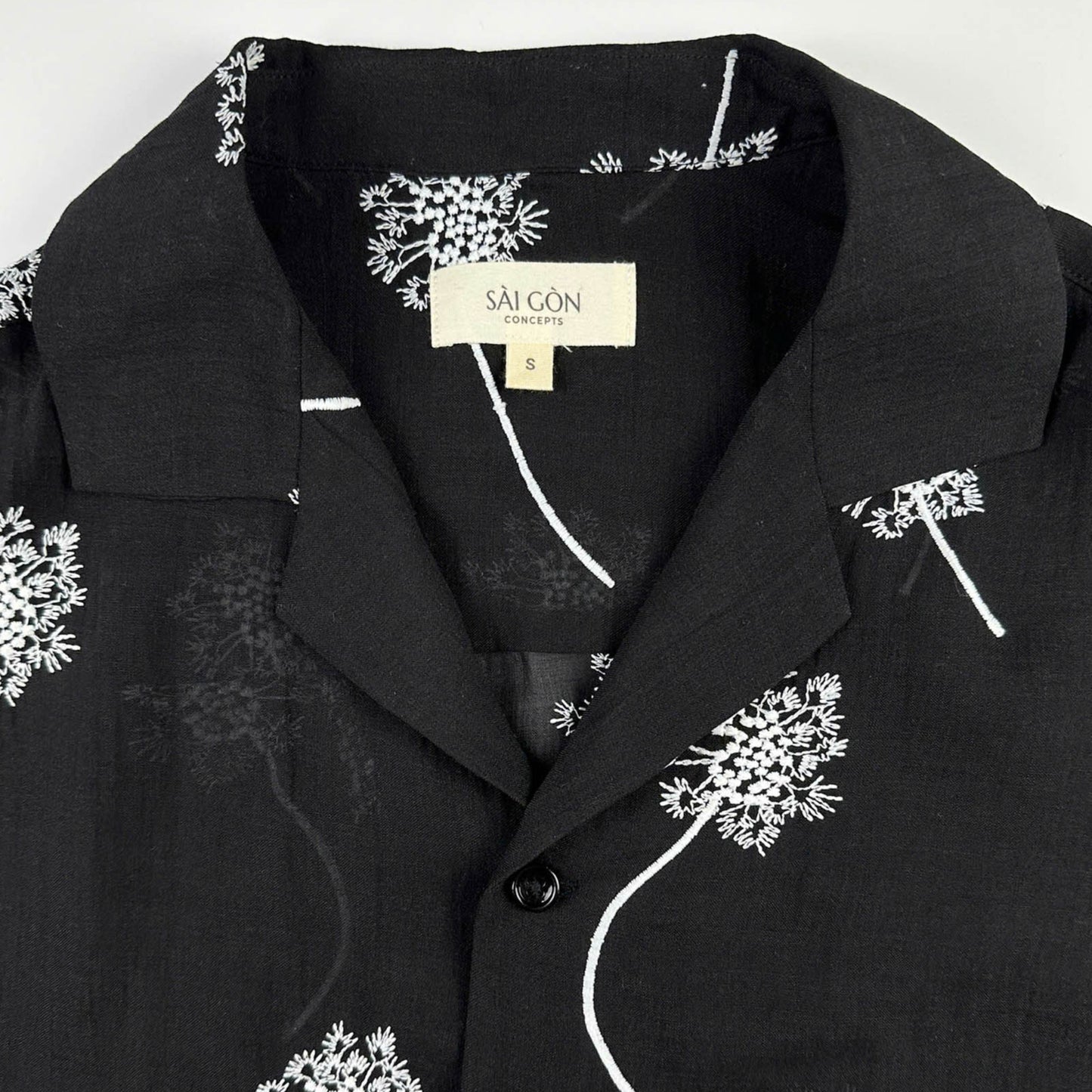 Black linen shirt with white embroidered dandelions 