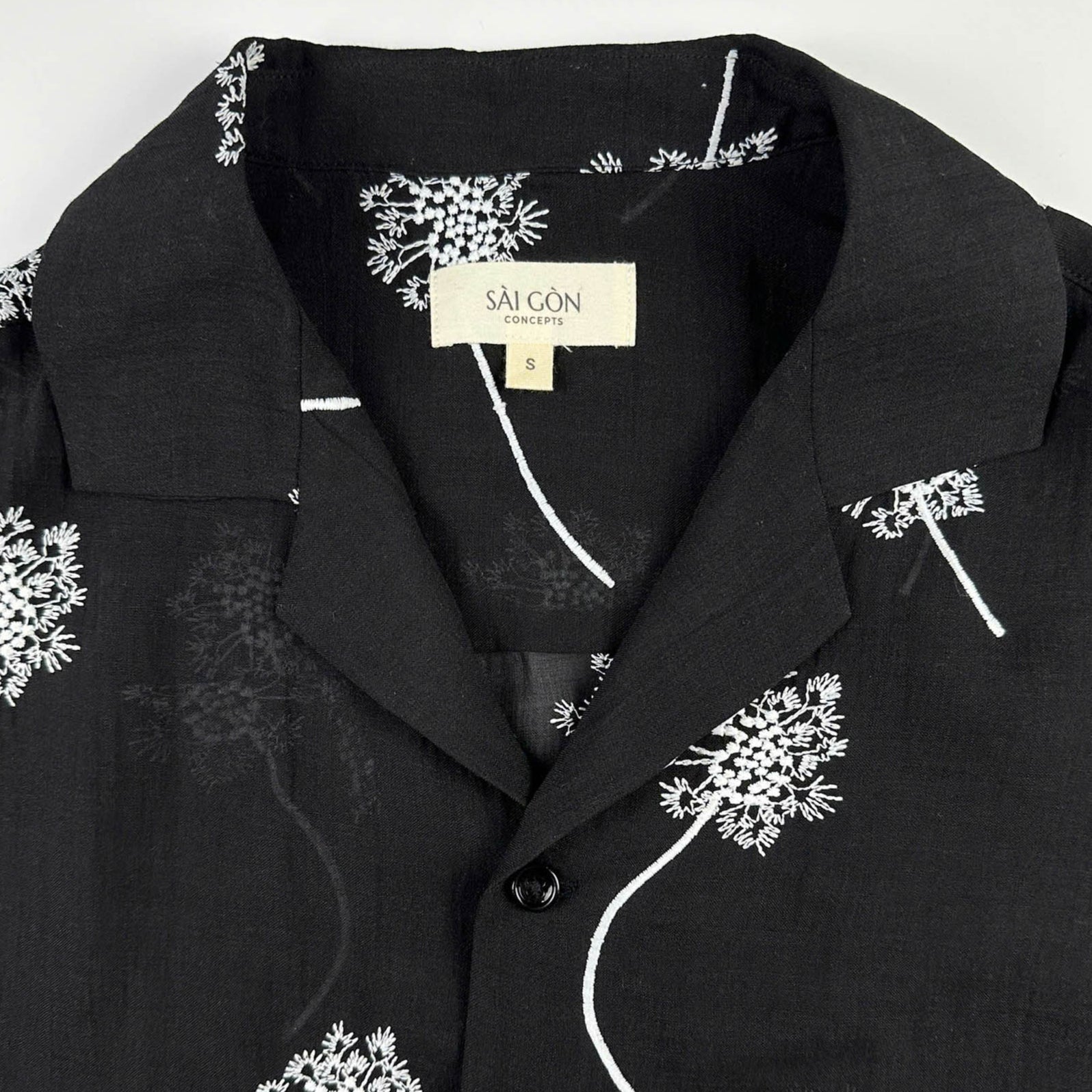 Black linen shirt with white embroidered dandelions 
