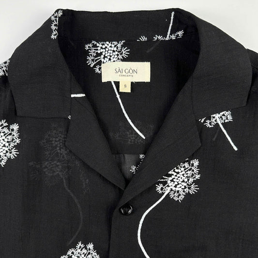 Black linen shirt with white embroidered dandelions 