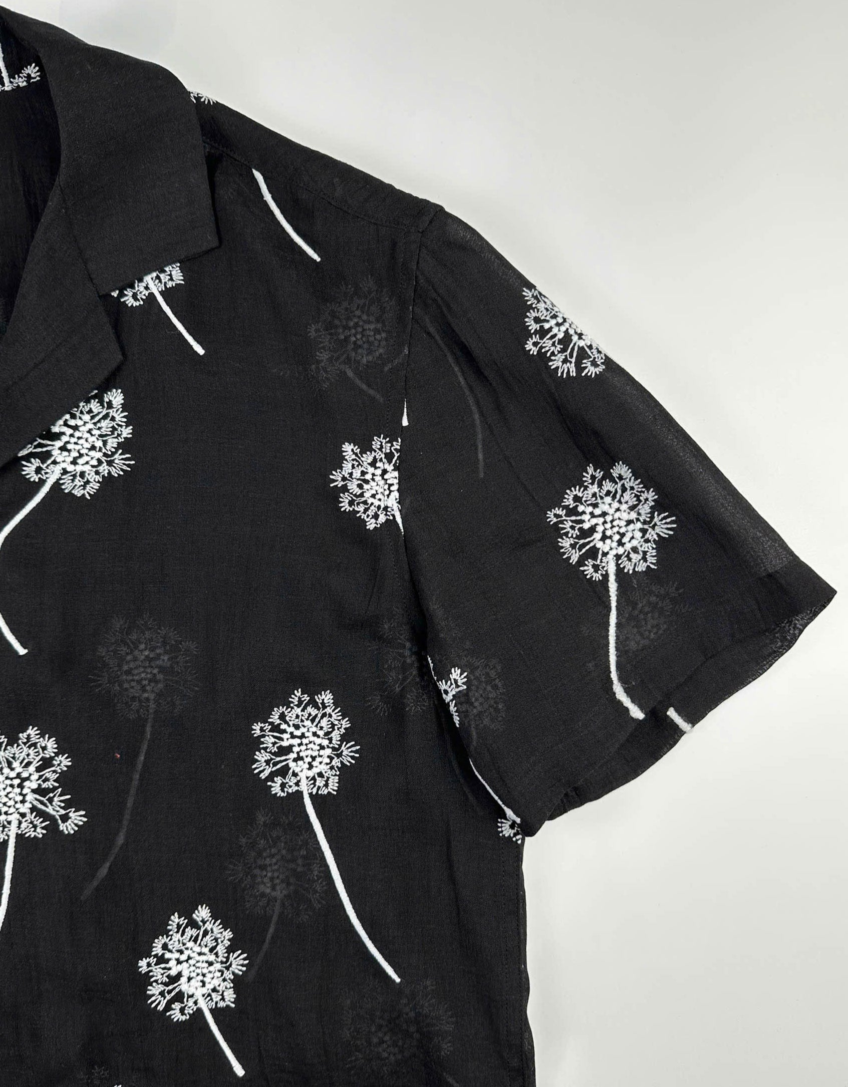Black sheer linen shirt with white dandelion embroidery 