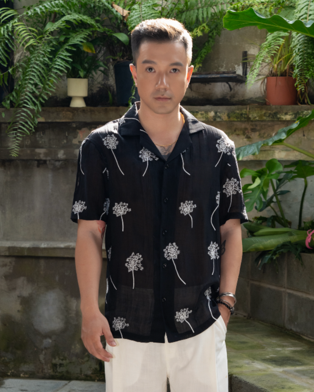 Dandelion Whisper - 100% Linen Hawaiian Shirt | White Embroidered Print