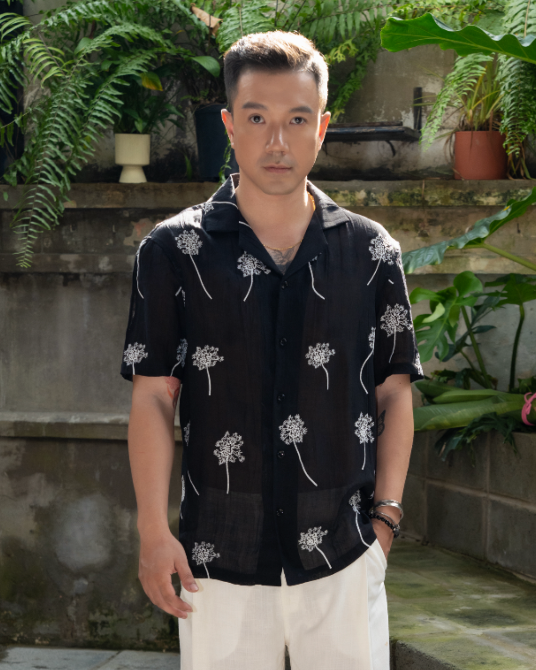 Dandelion Whisper - Linen Hawaiian Shirt with White Embroidered Print Dandelion Whisper / M