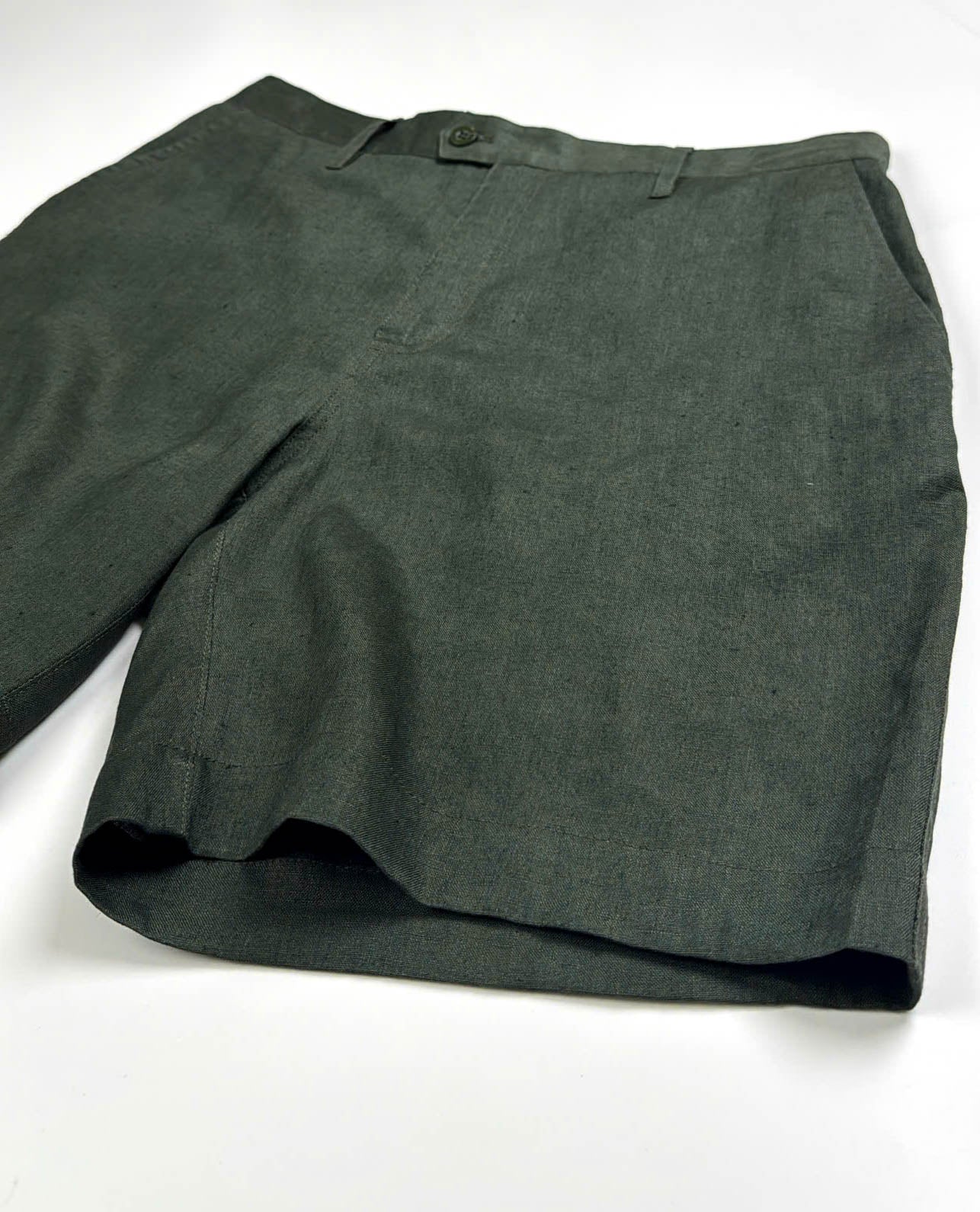 Dark Green Army coloured Riviera Linen Shorts - flat front view of leg edge seam - Saigon Concepts
