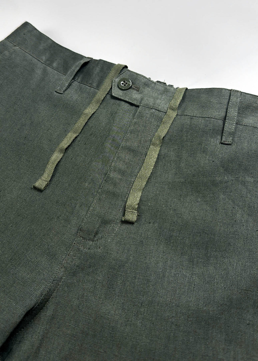 Dark Green Army coloured Riviera Linen Shorts - flat front tailored waistband view with inner tiecord- Saigon Concepts