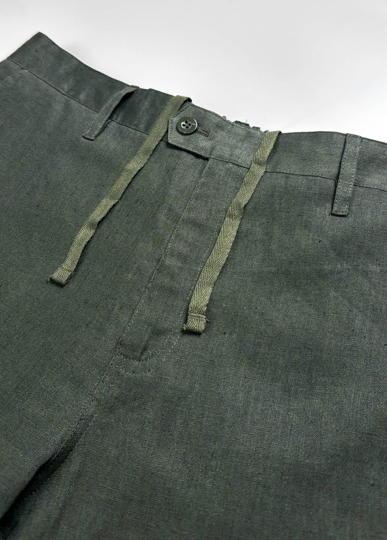 Dark Green Army coloured Riviera Linen Shorts - flat front tailored waistband view with inner tiecord- Saigon Concepts