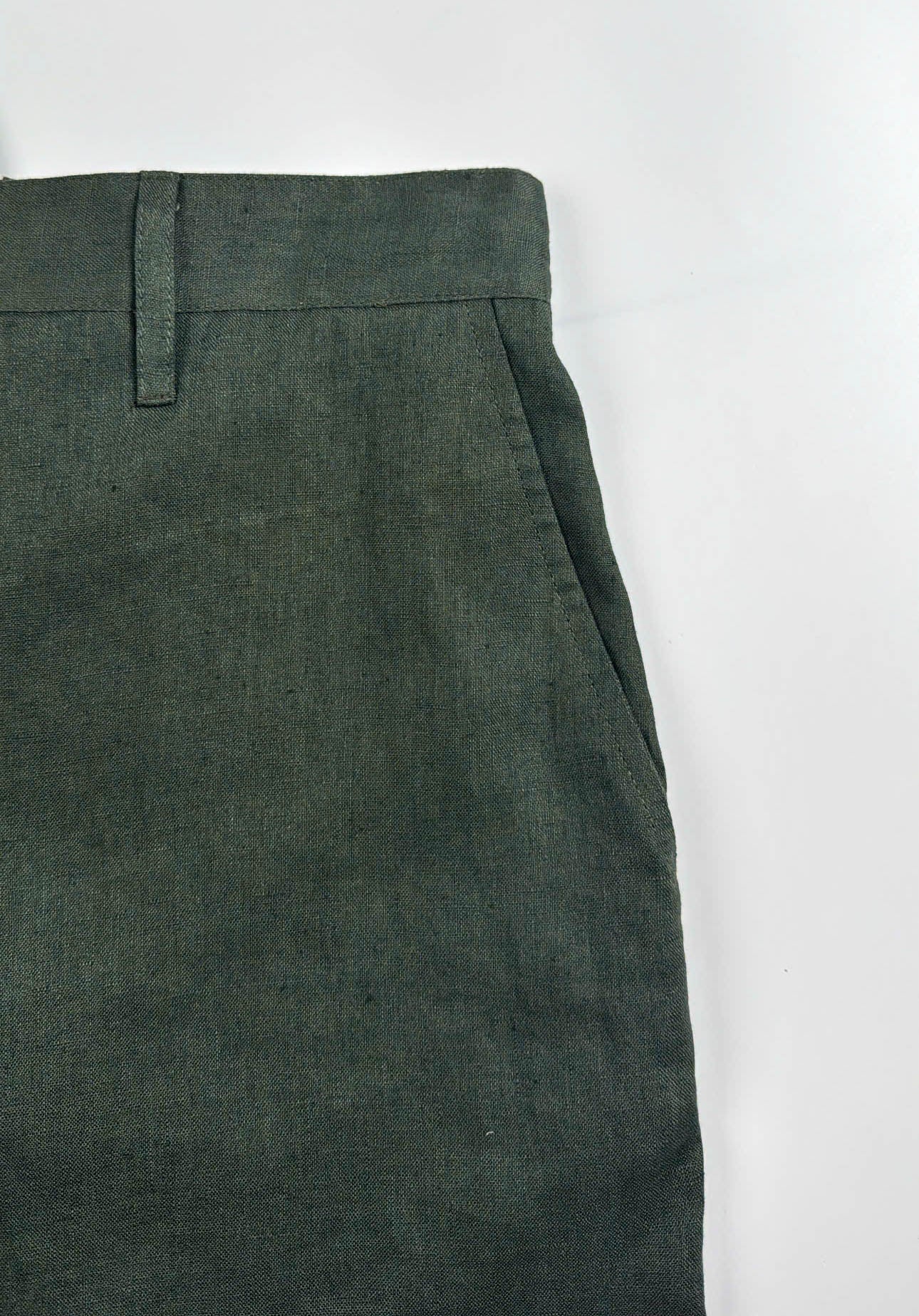 Dark Green Army coloured Riviera Linen Shorts - flat front pocket detail view - Saigon Concepts