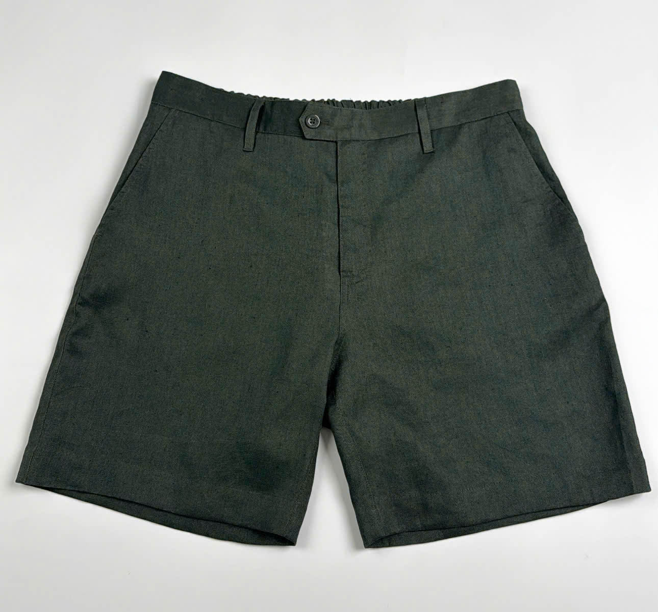 Dark Green Army coloured Riviera Linen Shorts - flat front view - Saigon Concepts